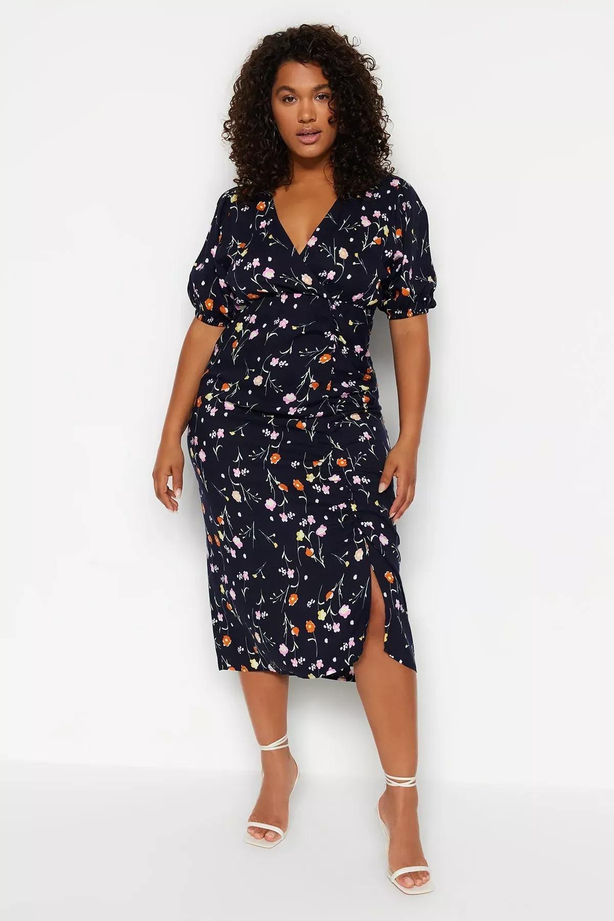 Navy Floral Double-Breasted Knitted Dress, , large image number 0