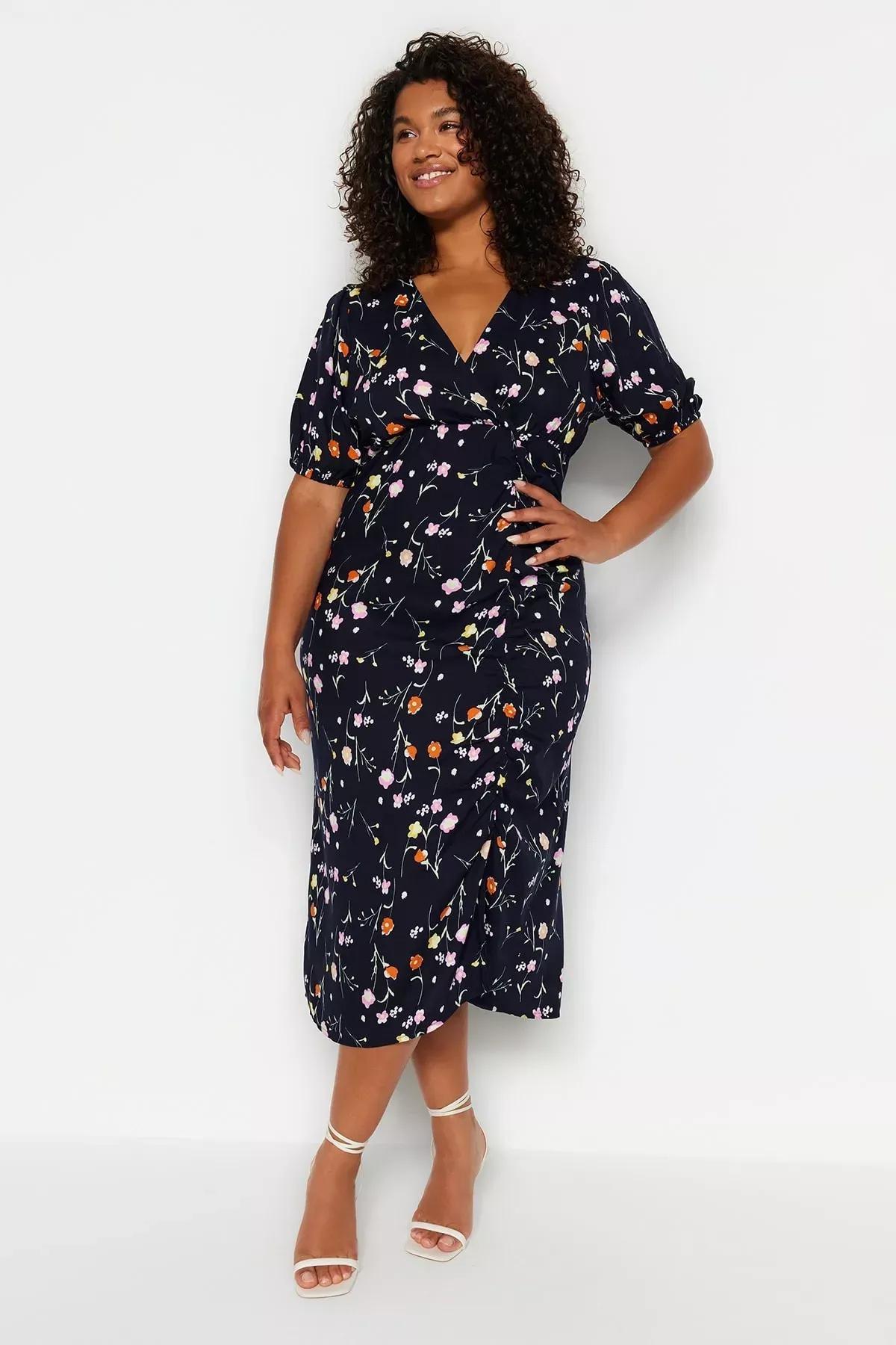 Navy Floral Double-Breasted Knitted Dress, , large image number 1