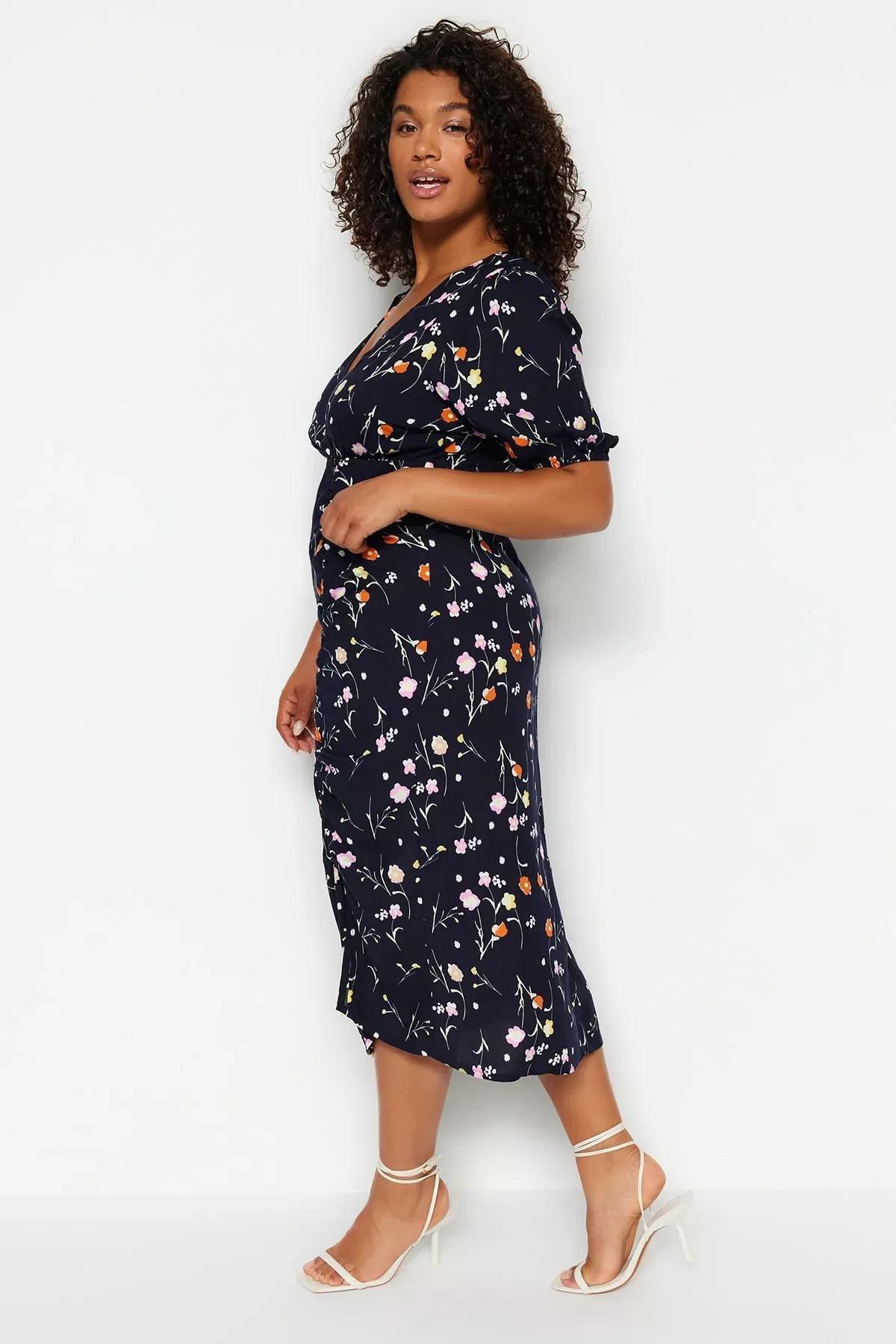 Navy Floral Double-Breasted Knitted Dress, , large image number 2