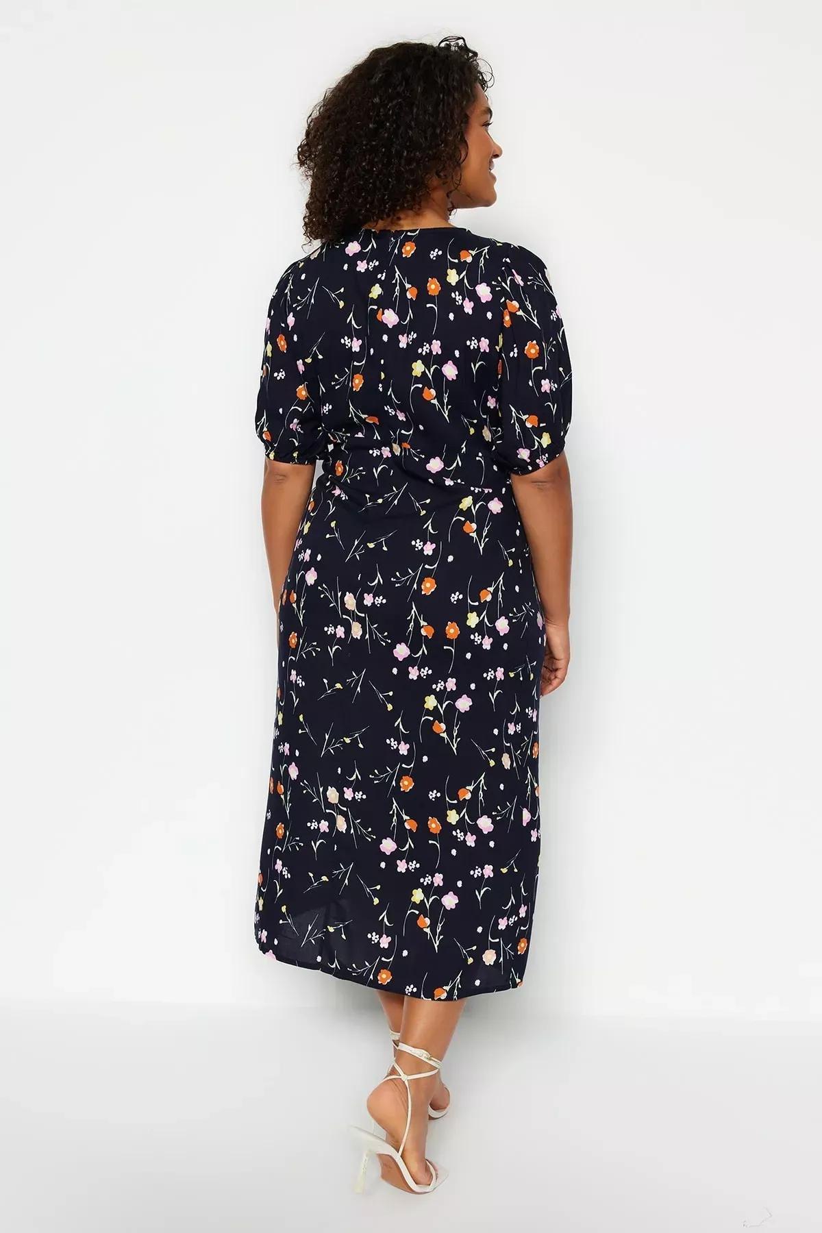 Navy Floral Double-Breasted Knitted Dress, , large image number 4