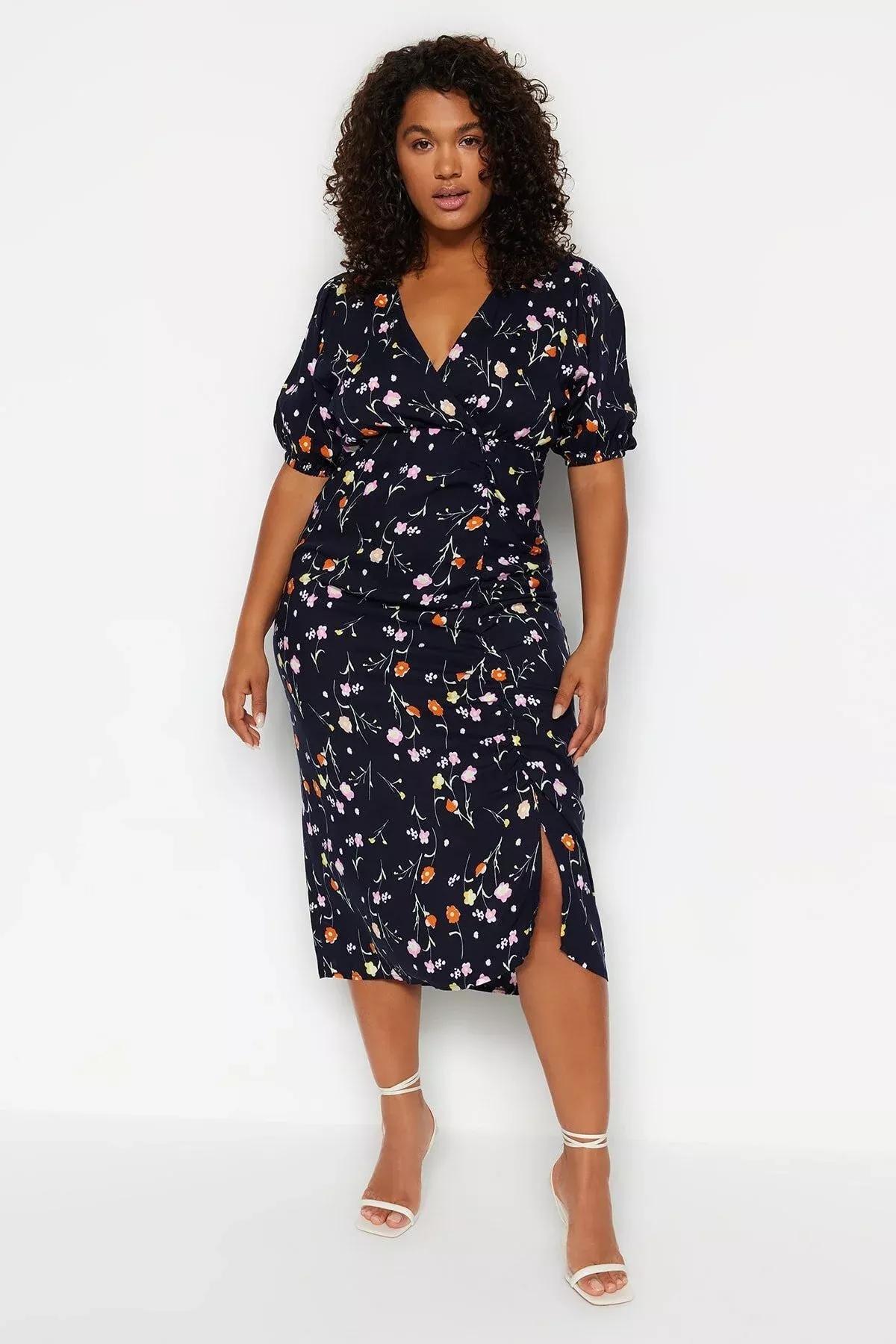 Navy Floral Double-Breasted Knitted Dress, , large image number 5