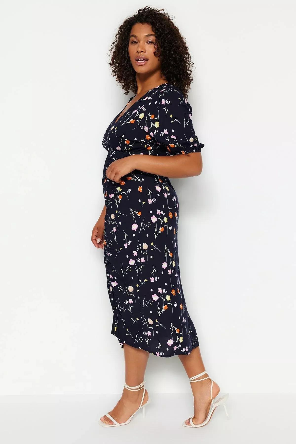Navy Floral Double-Breasted Knitted Dress, , large image number 6