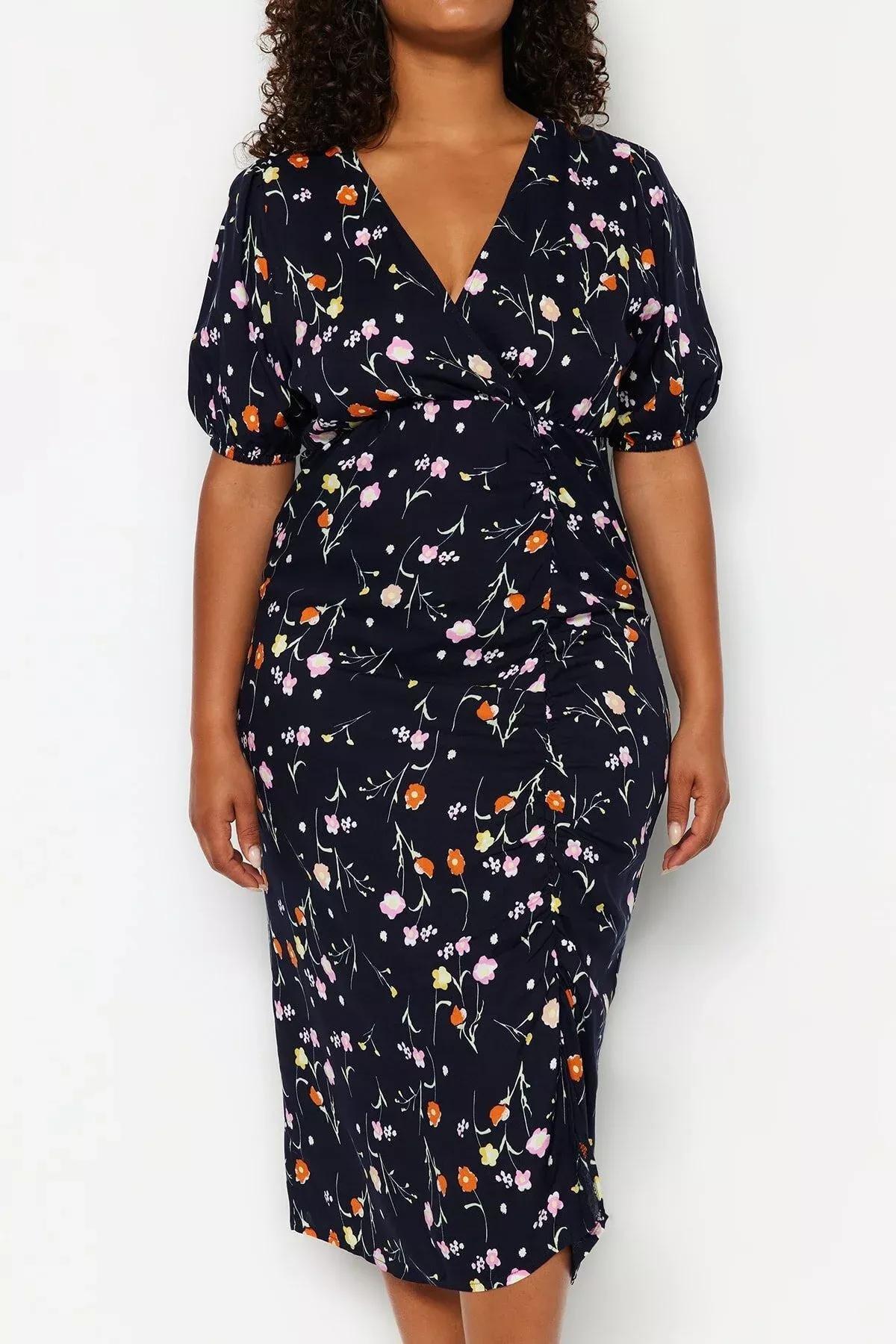 Navy Floral Double-Breasted Knitted Dress, , large image number 7