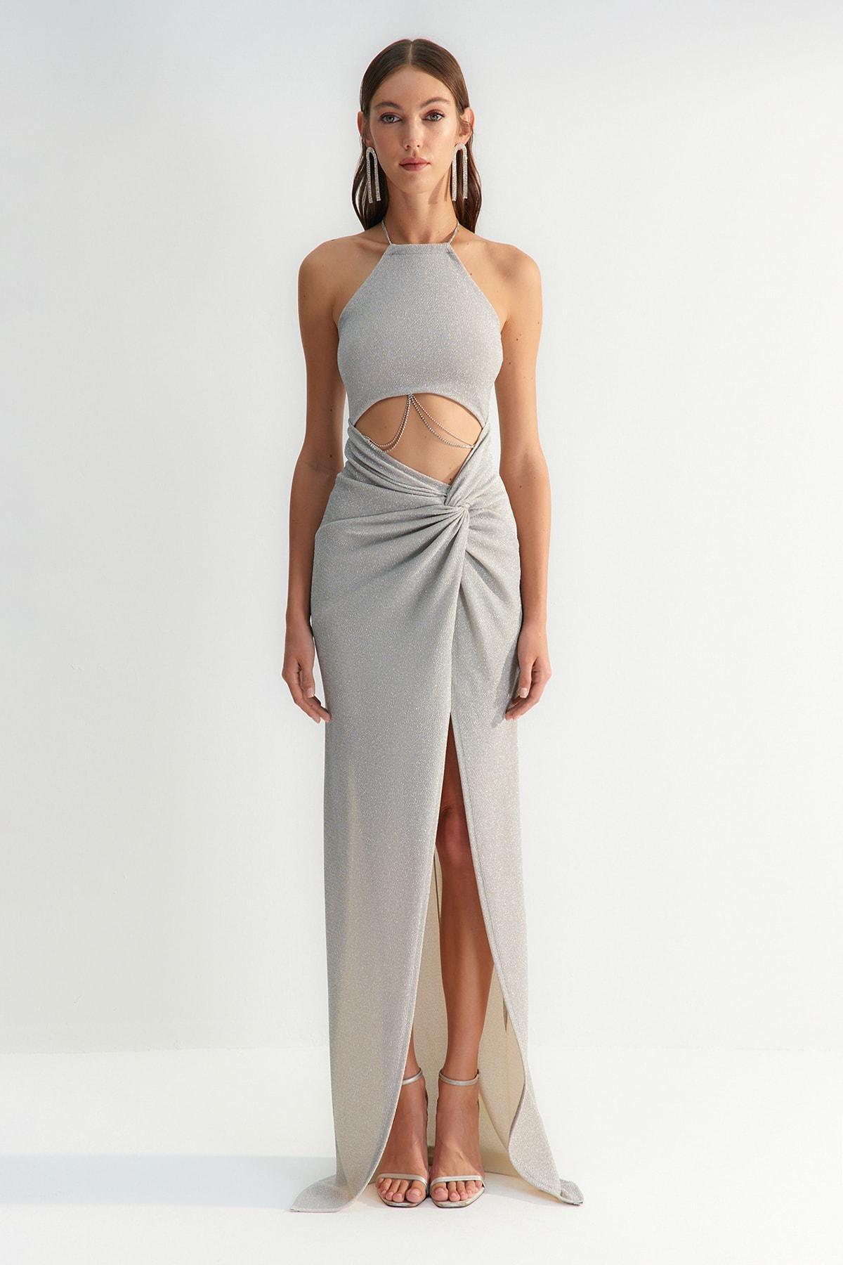 Grey Wrapover Occasionwear Dress, , large image number 1