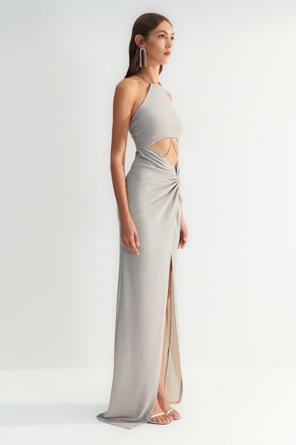 Grey Wrapover Occasionwear Dress, , large image number 3