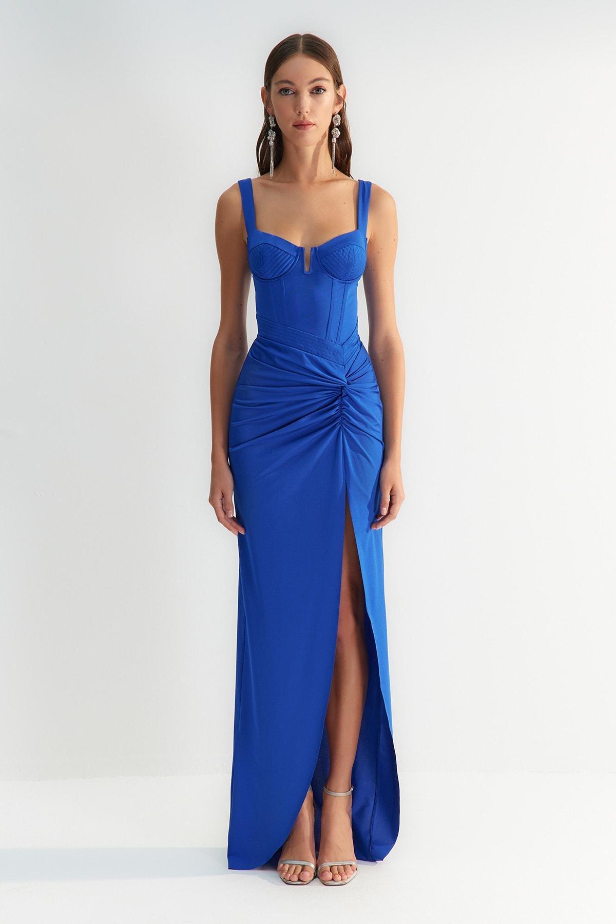 Blue Square Neck Occasionwear Dress, , large image number 2