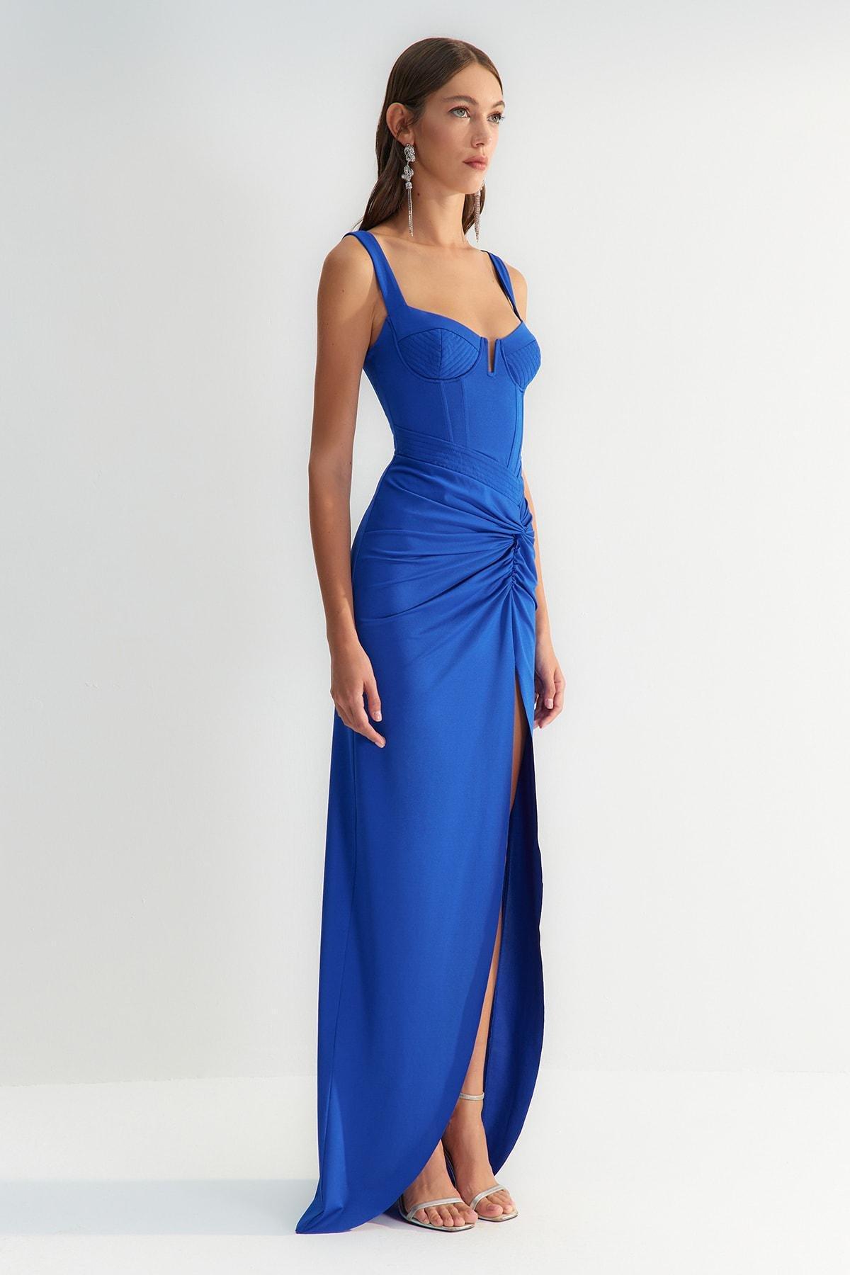 Blue Square Neck Occasionwear Dress, , large image number 3
