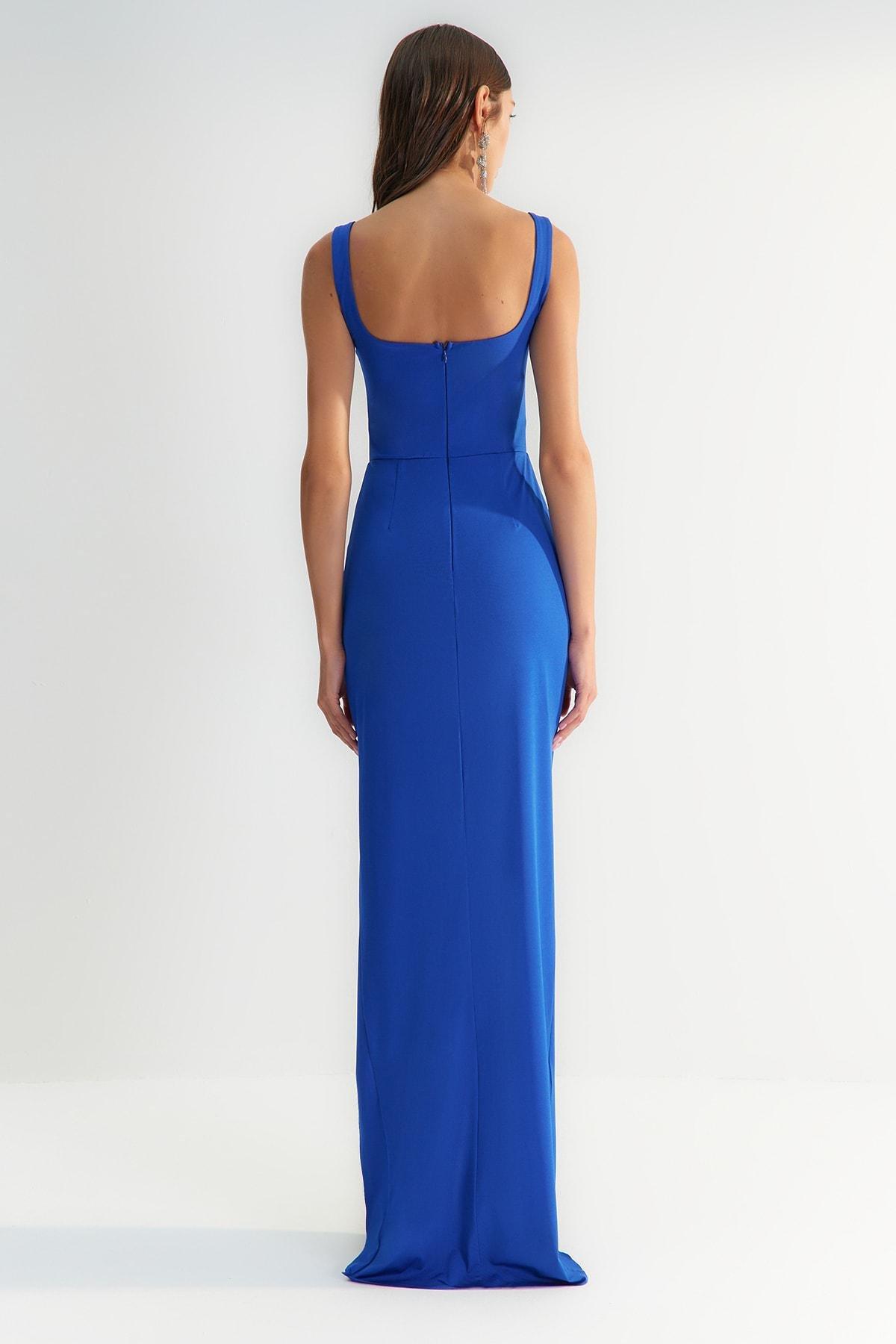 Blue Square Neck Occasionwear Dress, , large image number 5