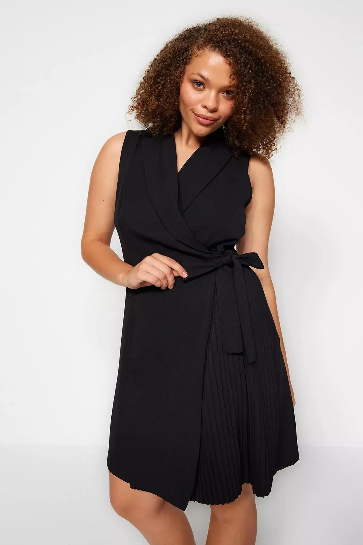 Black Double-Breasted Plus Size Dress, BLACK, large image number 0