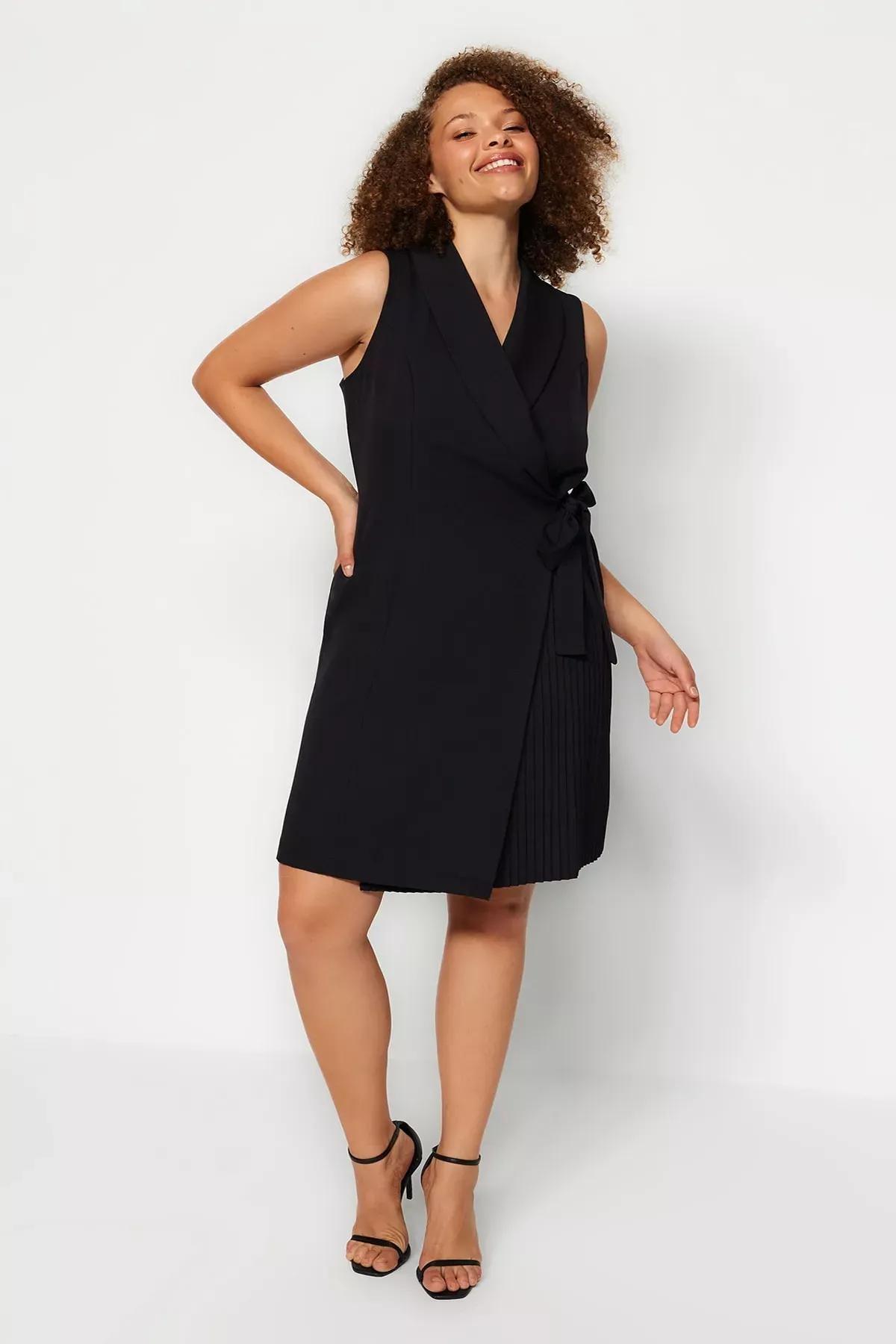 Black Double-Breasted Plus Size Dress, BLACK, large image number 1