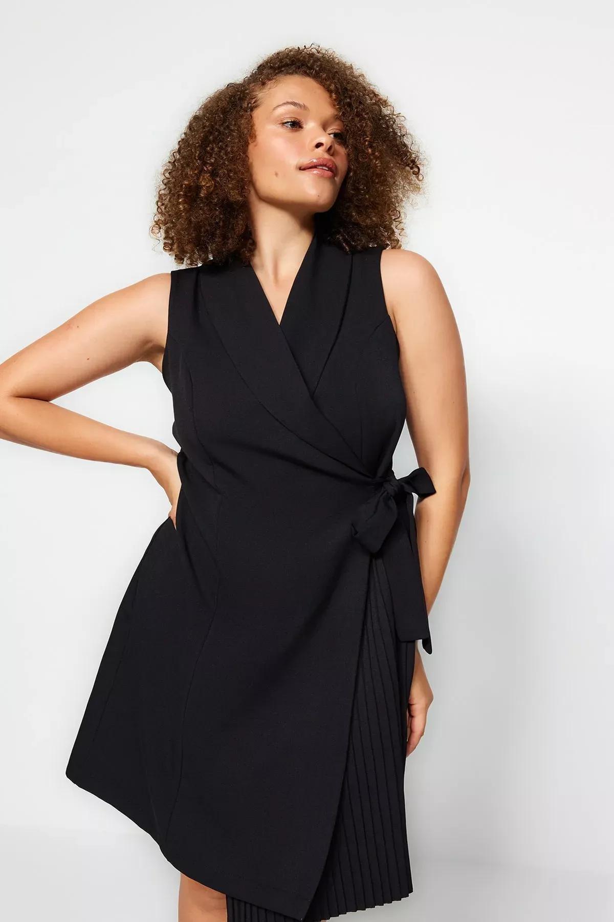 Black Double-Breasted Plus Size Dress, BLACK, large image number 2