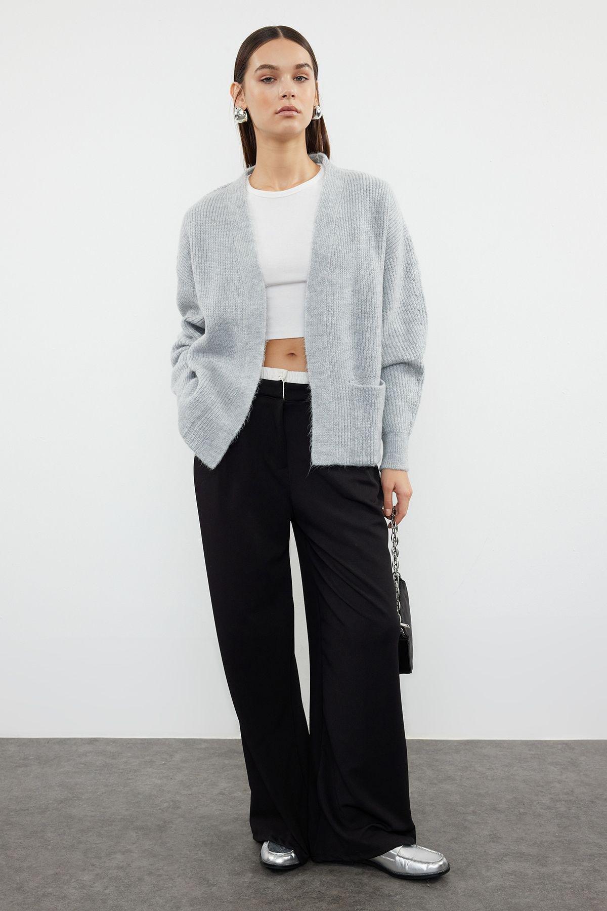 Grey Wide Fit Knit Cardigan with Pocket, , large image number 0