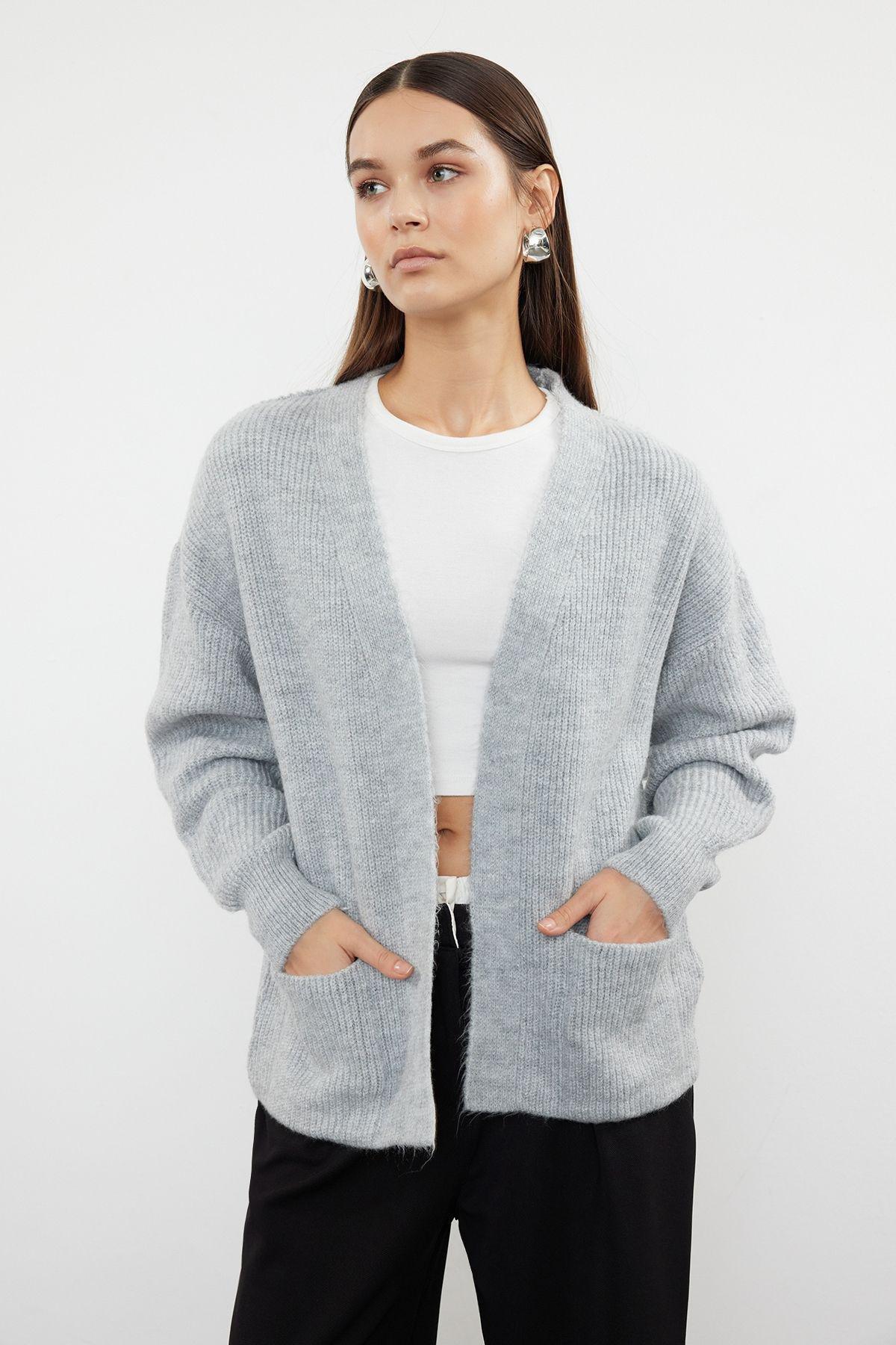 Grey Wide Fit Knit Cardigan with Pocket, , large image number 1