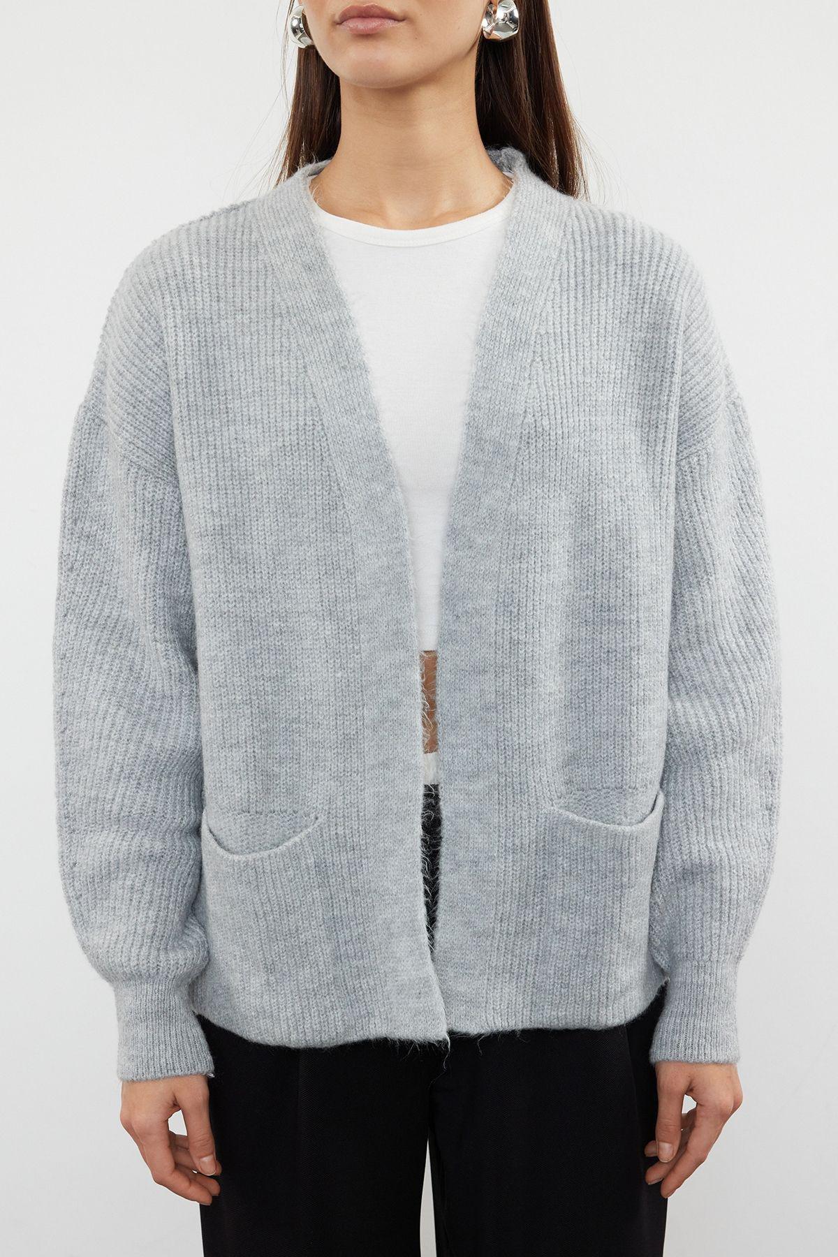 Grey Wide Fit Knit Cardigan with Pocket, , large image number 2