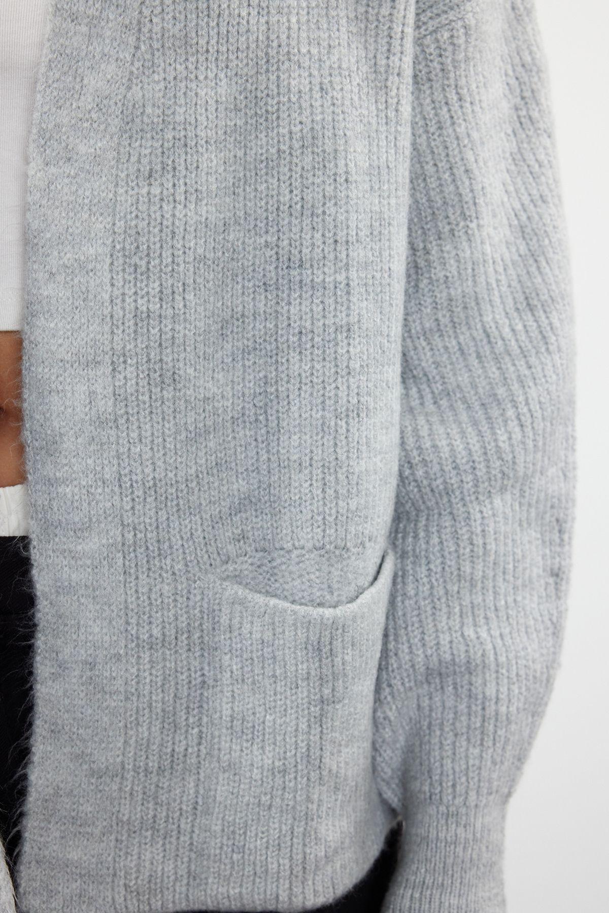 Grey Wide Fit Knit Cardigan with Pocket, , large image number 3