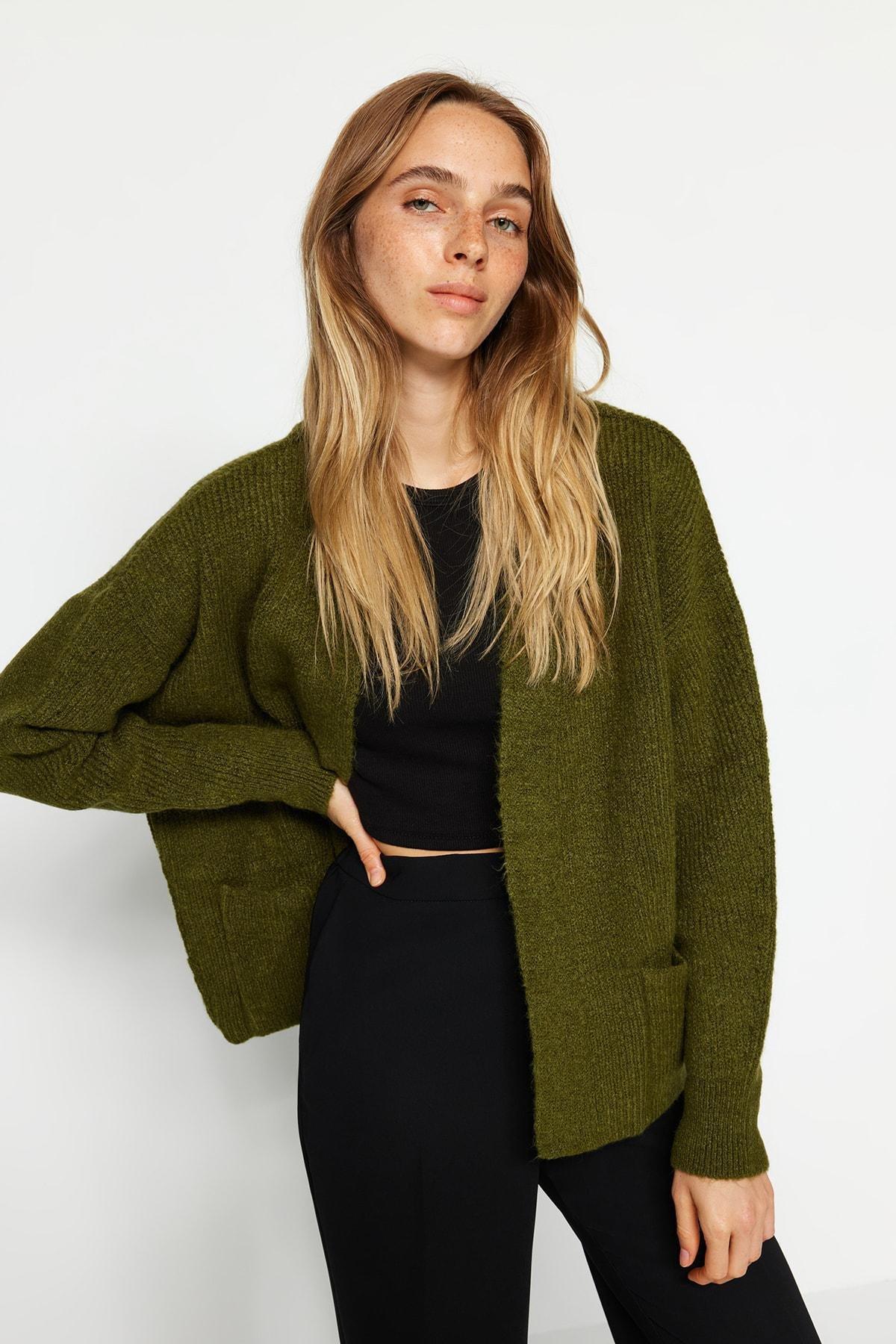 Khaki Soft Textured Pocket Detailed Cardigan, , large image number 0