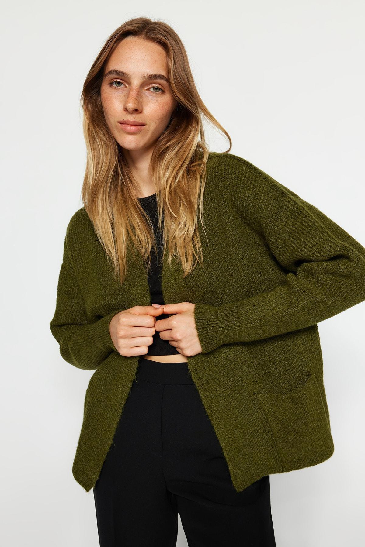 Khaki Soft Textured Pocket Detailed Cardigan, , large image number 1