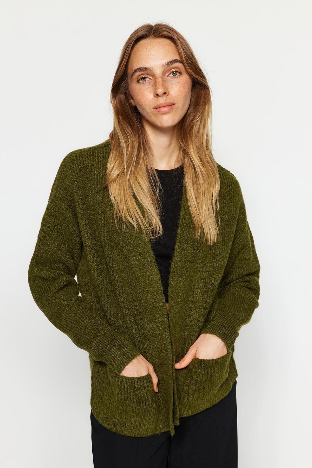 Khaki Soft Textured Pocket Detailed Cardigan, , large image number 2