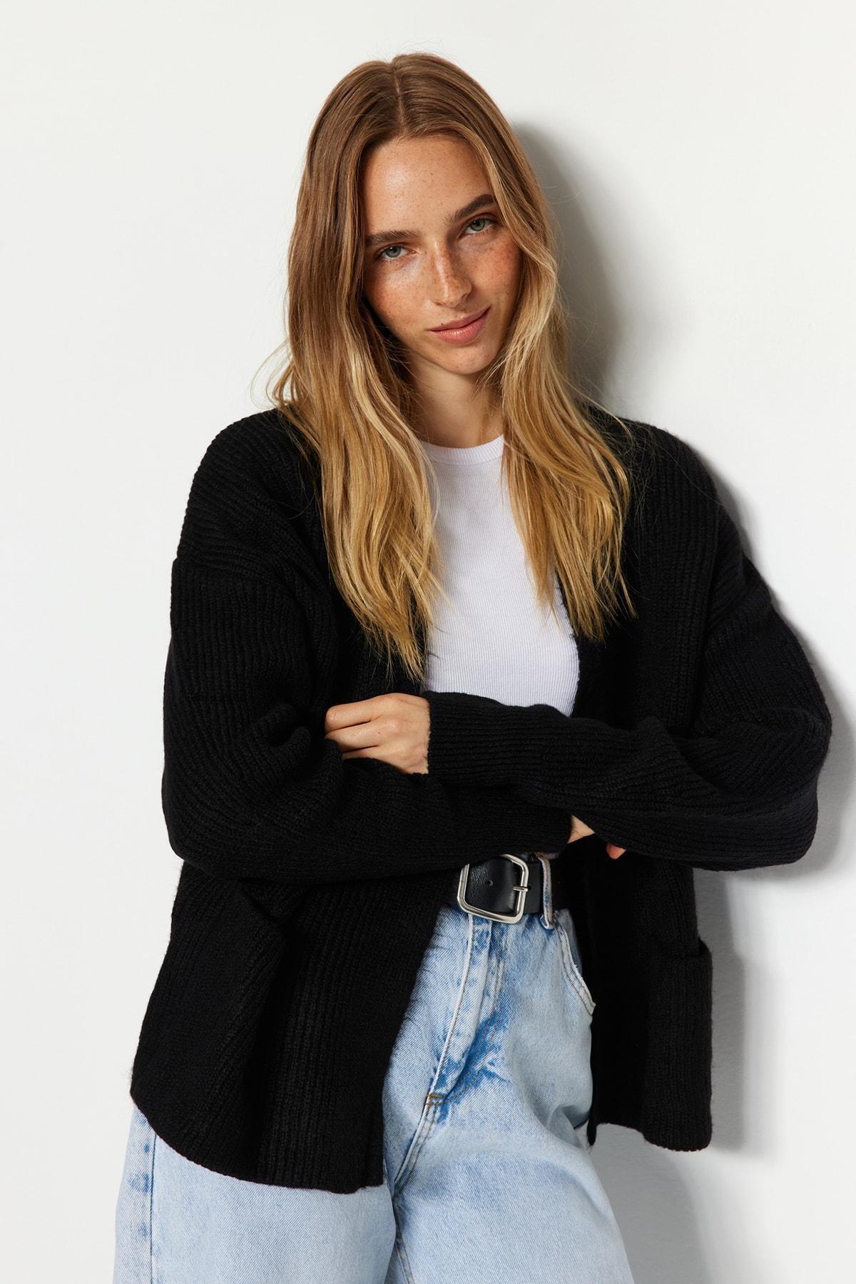 Black Soft Pocket Detail Knitwear Cardigan, , large image number 1