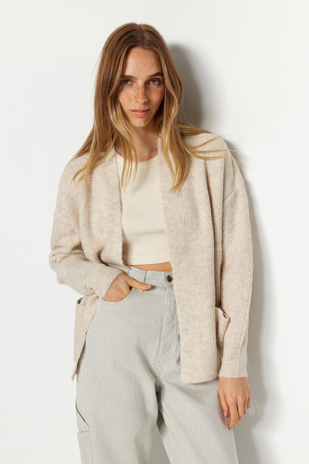 Beige Soft Textured Knitwear Cardigan, , medium