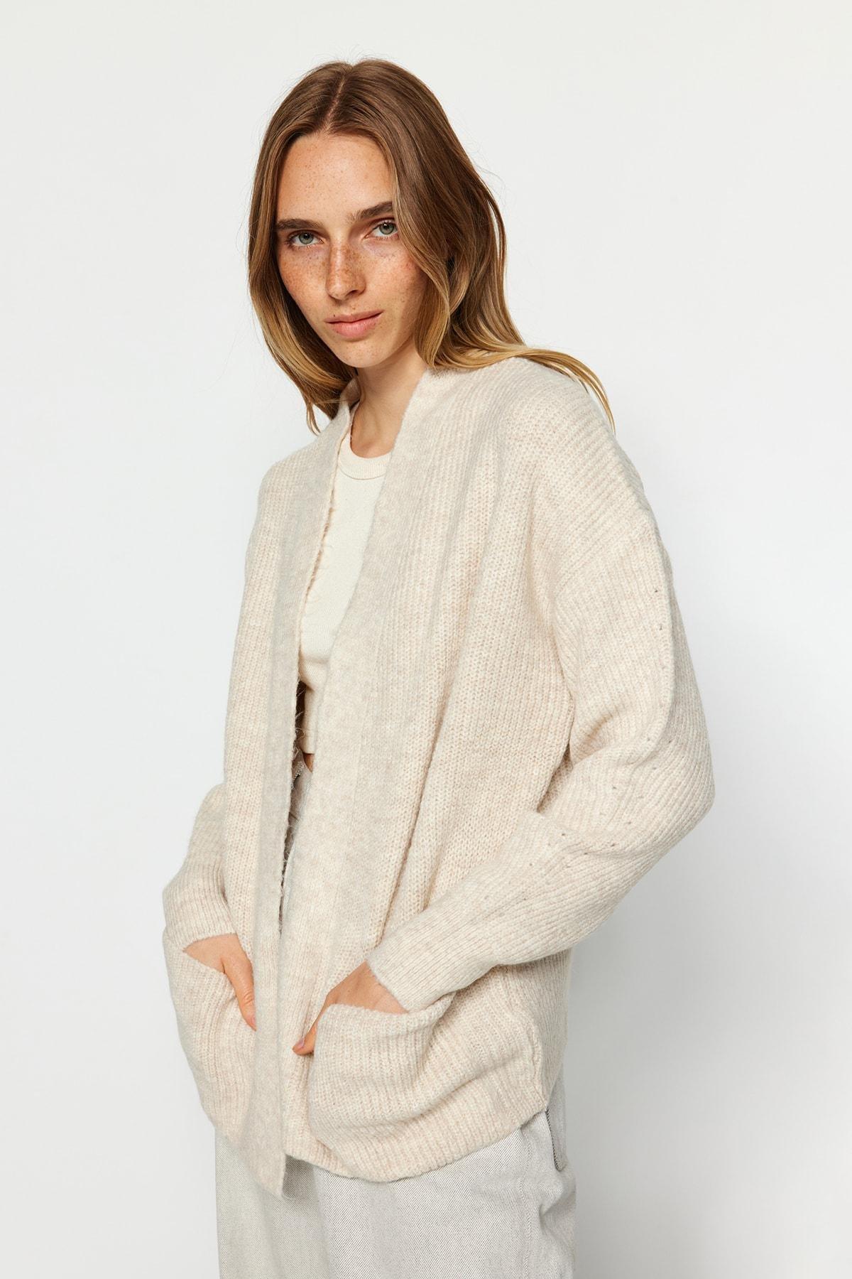 Beige Soft Textured Knitwear Cardigan, , large image number 1