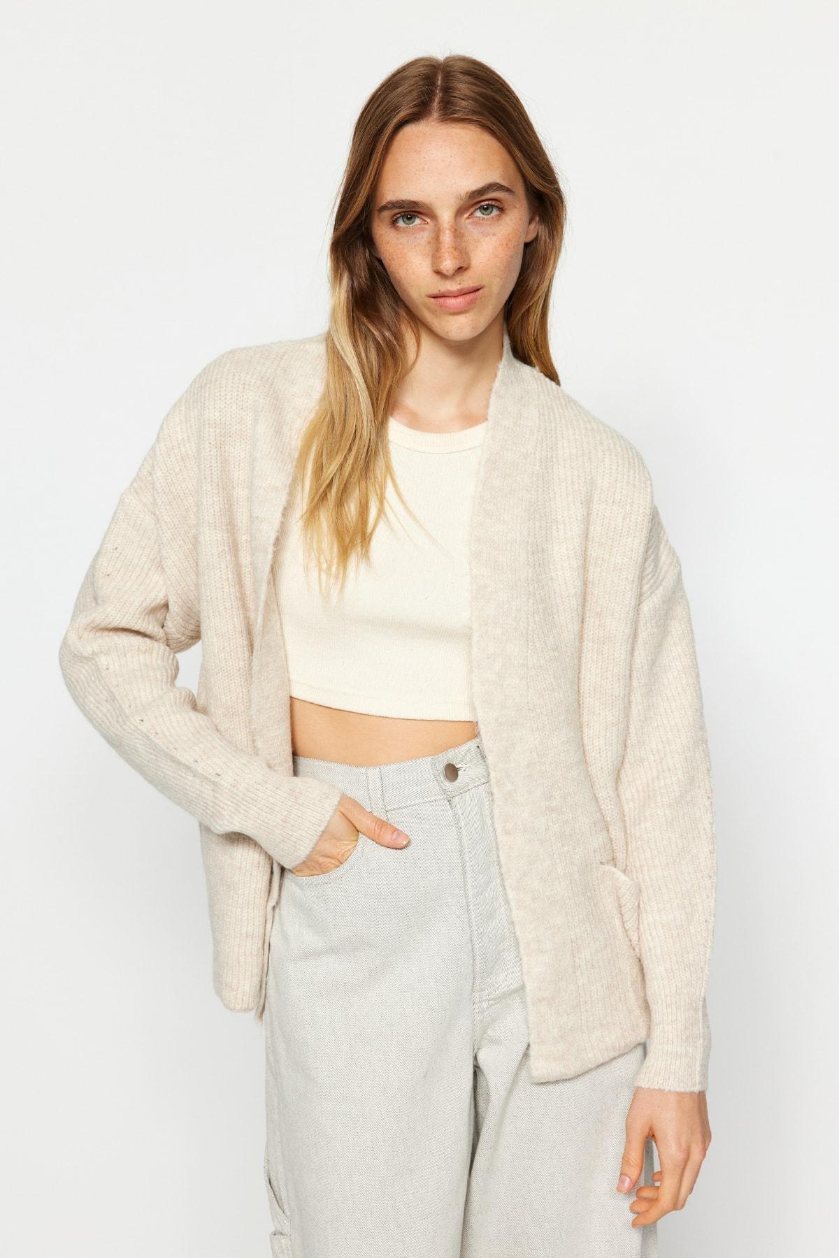 Beige Soft Textured Knitwear Cardigan, , large image number 2