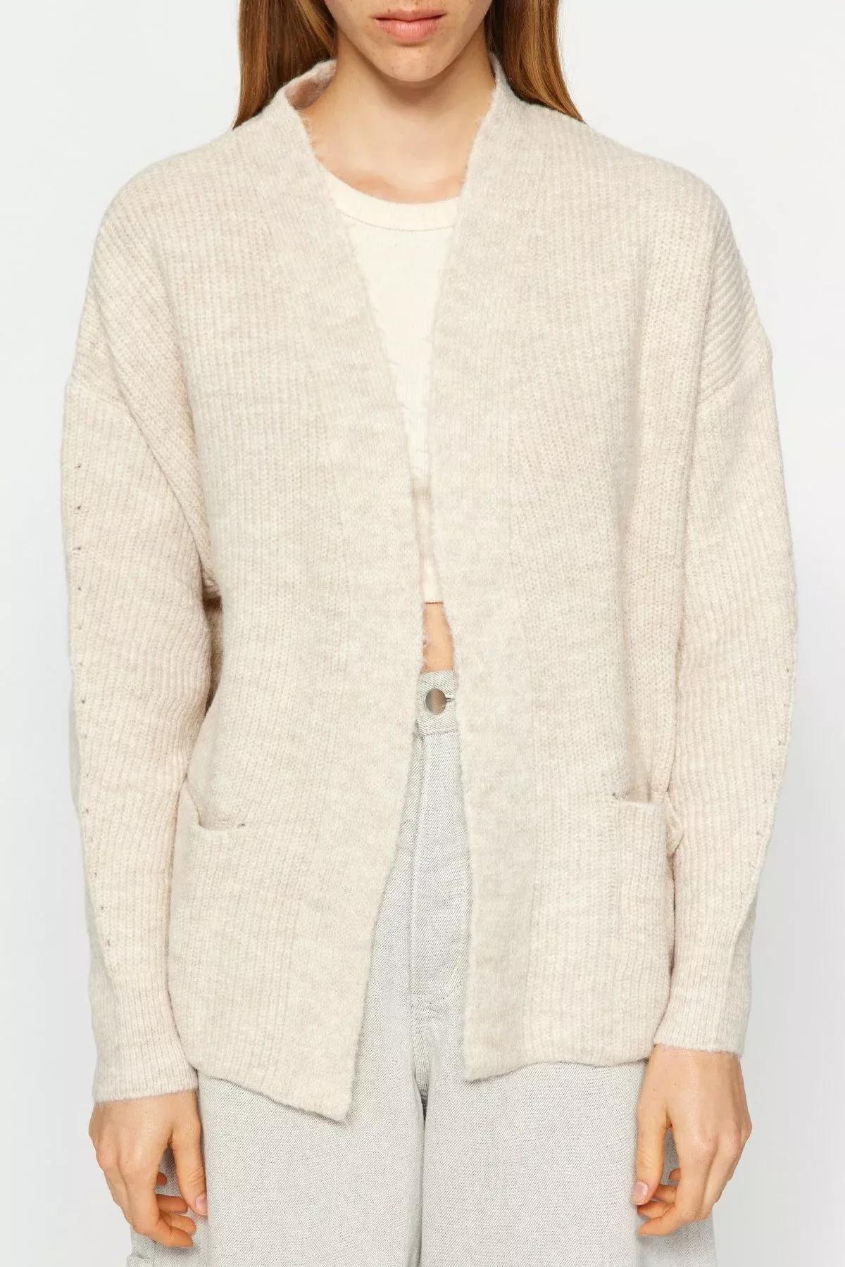 Beige Soft Textured Knitwear Cardigan, STONE, large image number 3