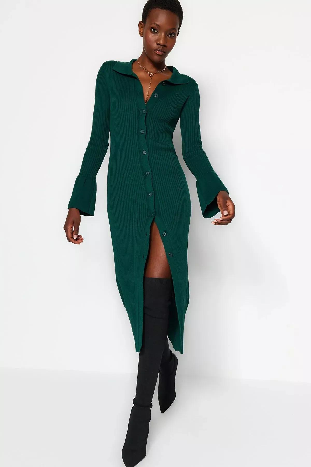 Emerald Maxi Sweater Polo Neck Dress, Emerald, large image number 1