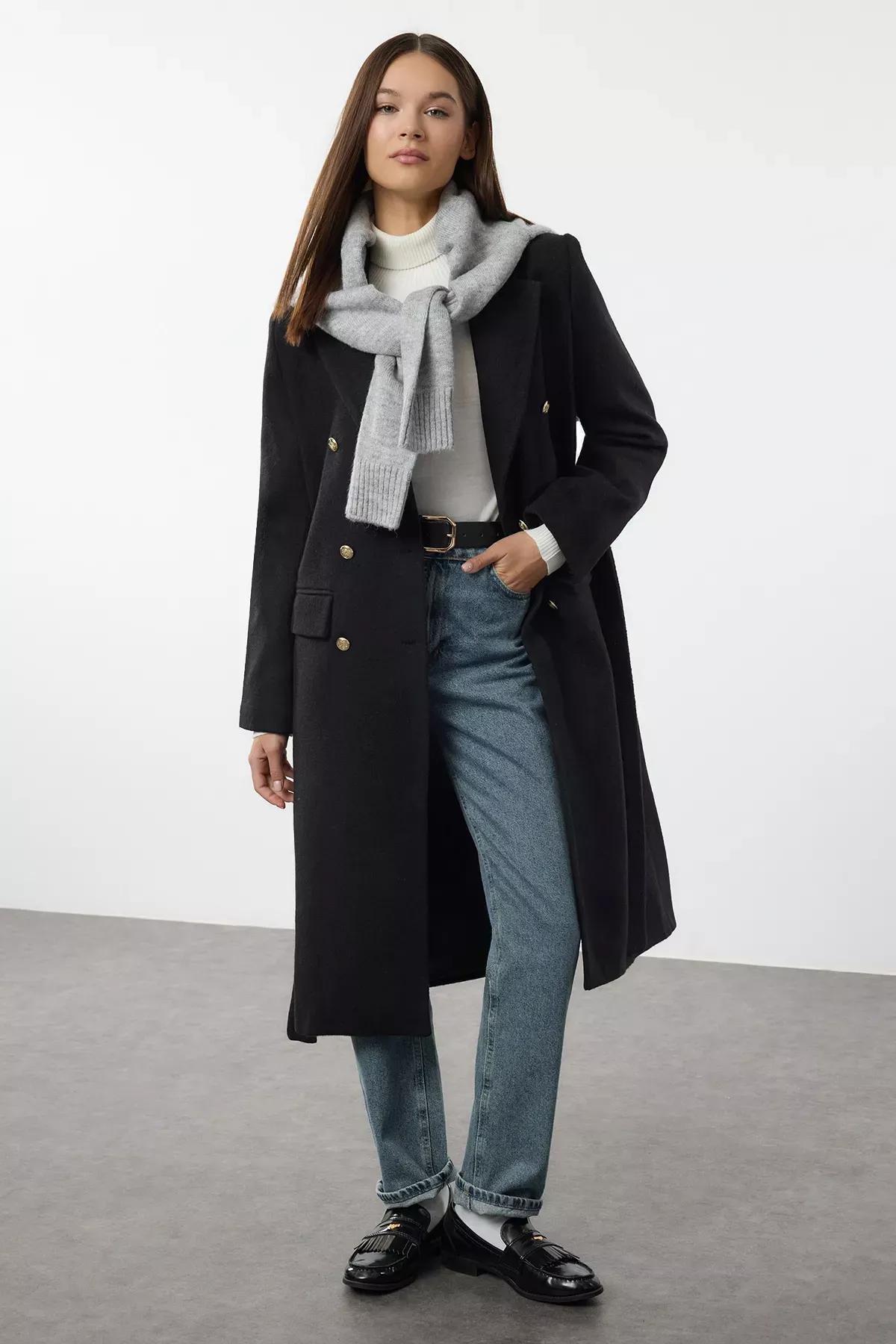 Black Fitted Belted Coat, BLACK, medium