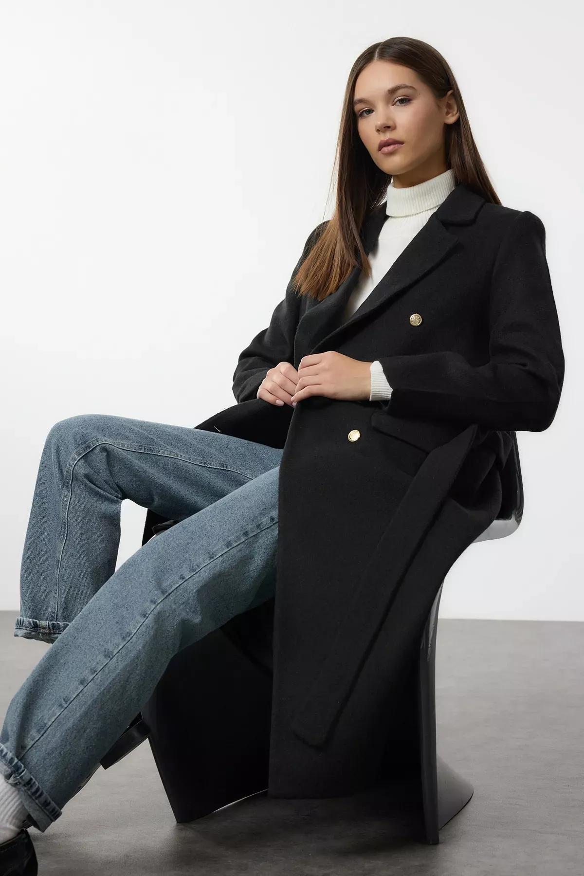 Black Fitted Belted Coat, BLACK, medium