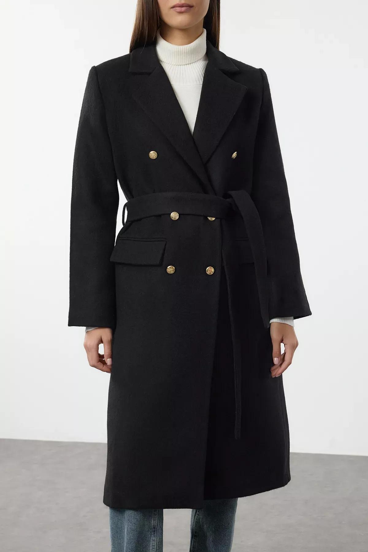 Black Fitted Belted Coat, BLACK, medium