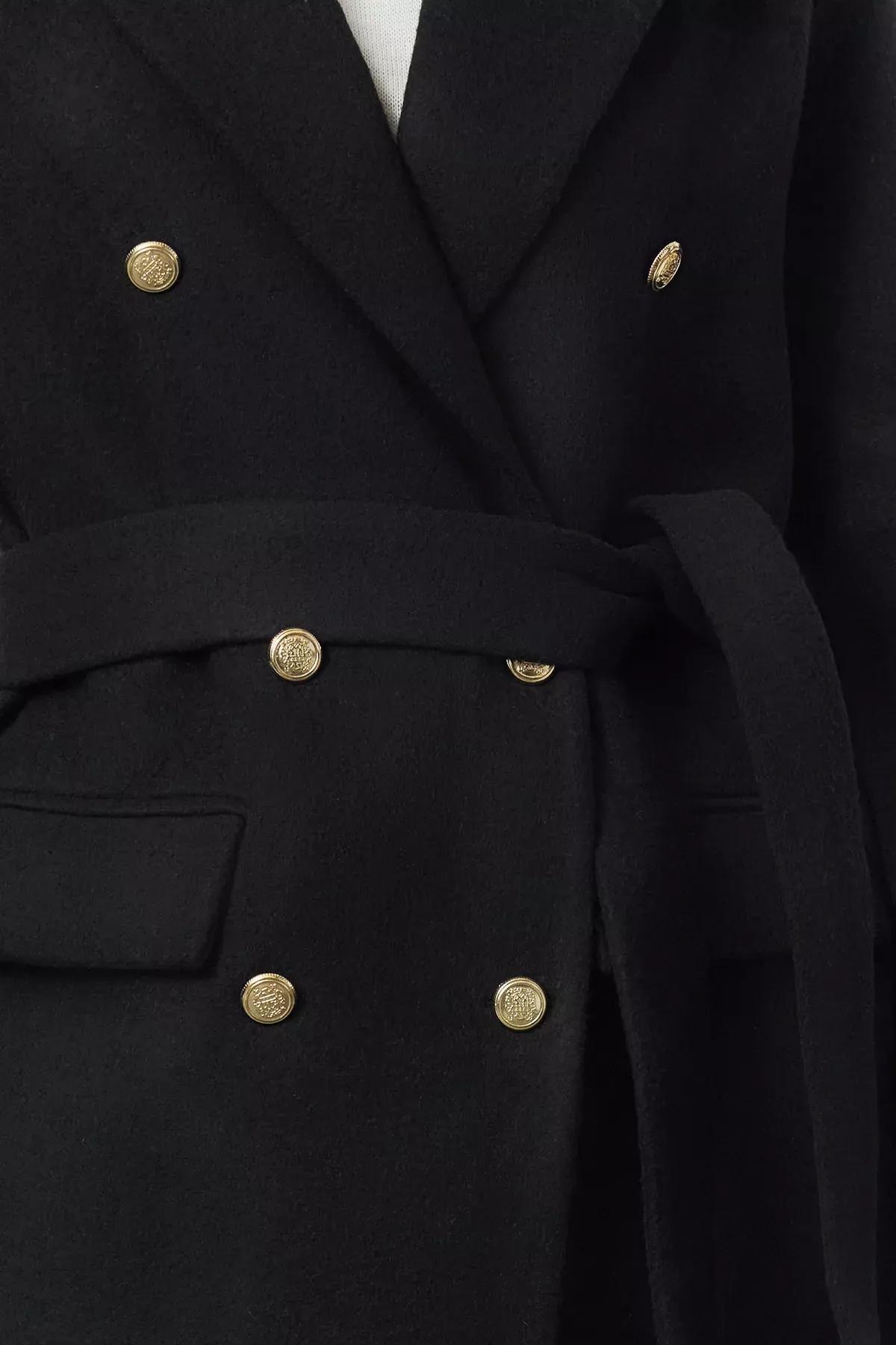 Black Fitted Belted Coat, , large image number 3