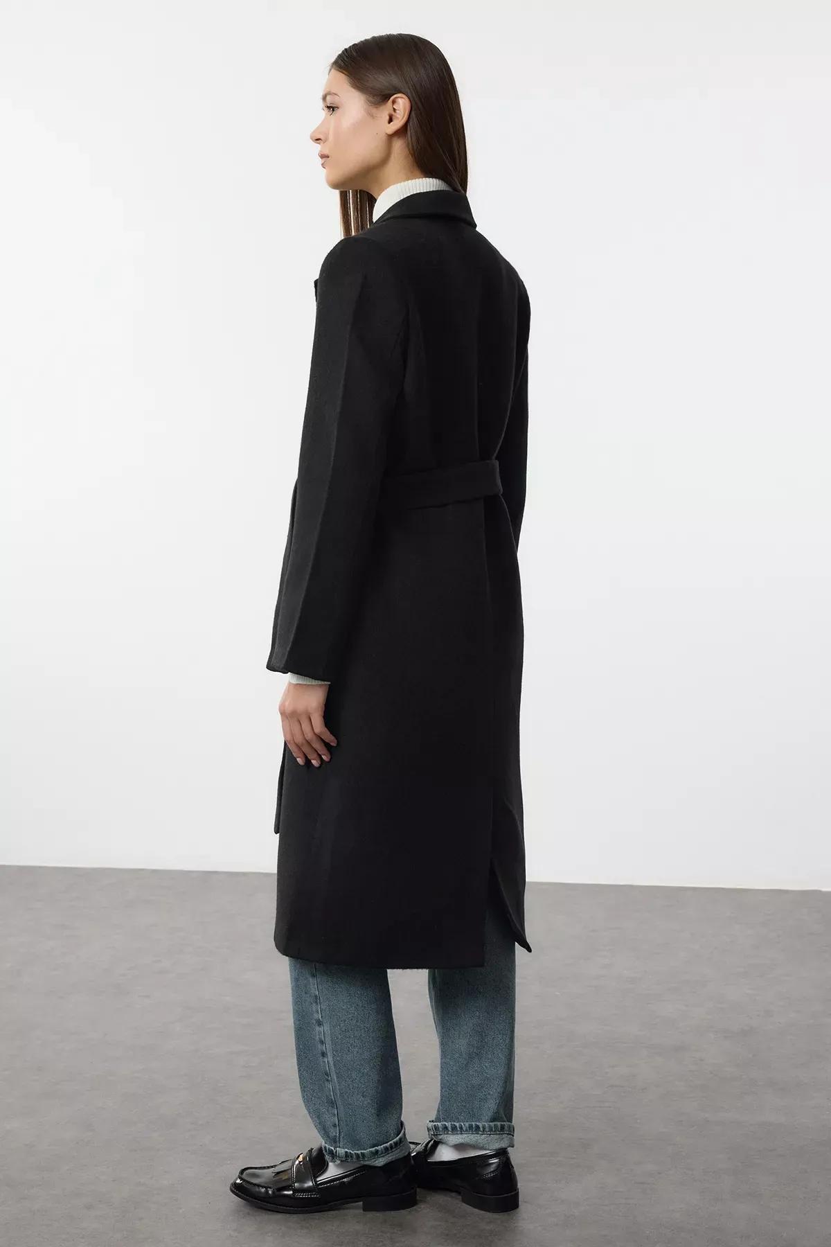 Black Fitted Belted Coat, , large image number 4