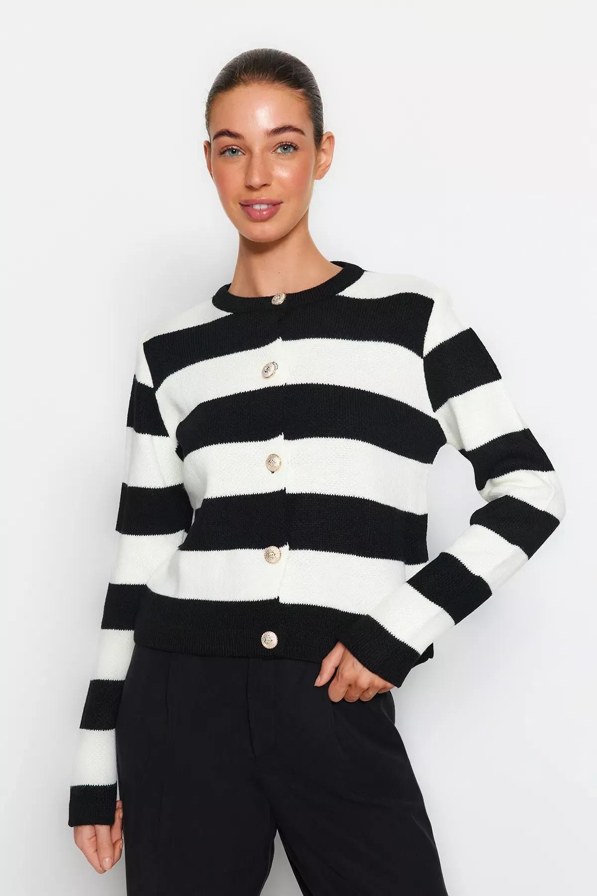 Multicolour Striped Knitted Cardigan, Ecru, medium