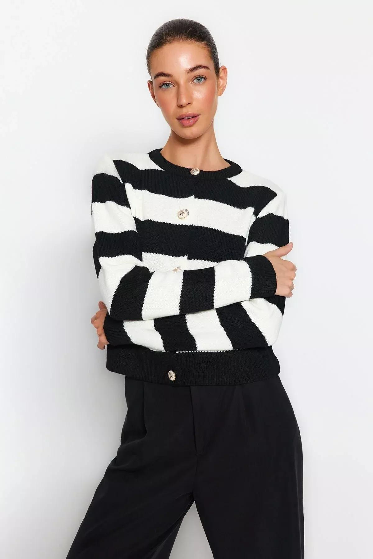 Multicolour Striped Knitted Cardigan, Ecru, medium