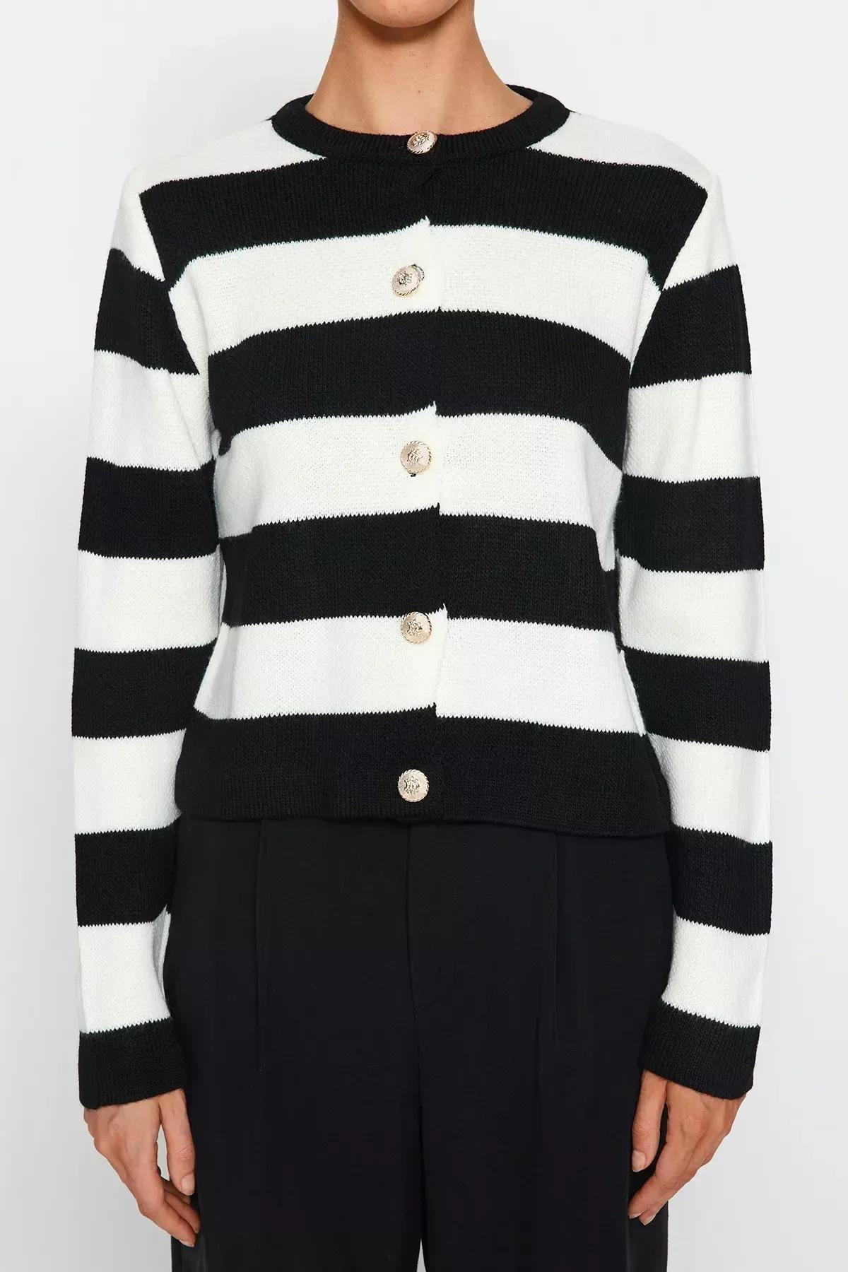 Multicolour Striped Knitted Cardigan, Ecru, medium