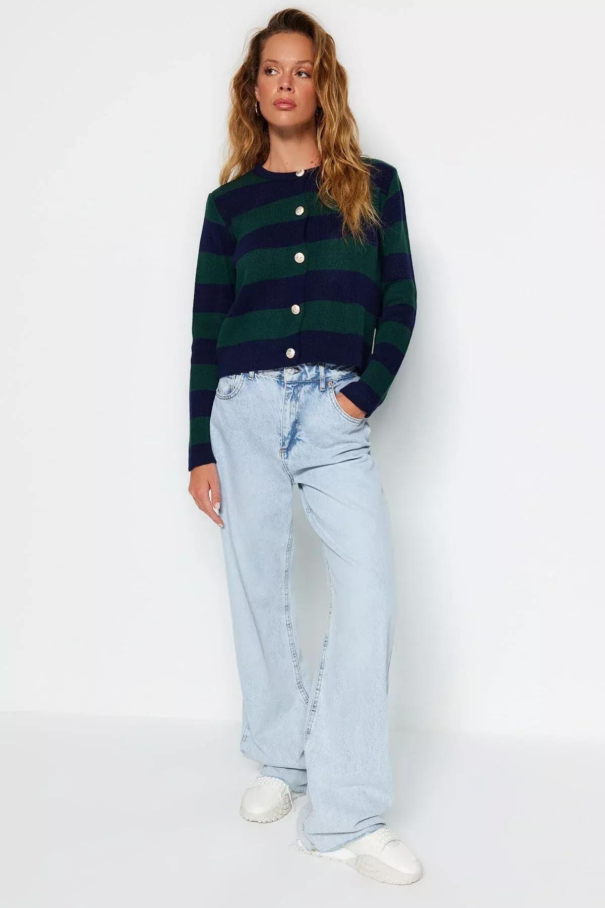 Navy Striped Cardigan, Navy blue, medium