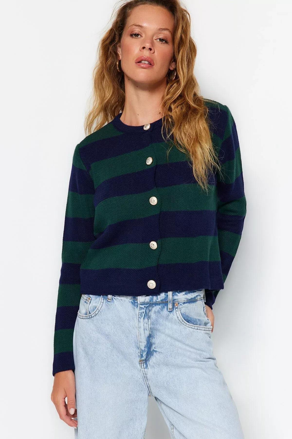 Navy Striped Cardigan, Navy blue, medium