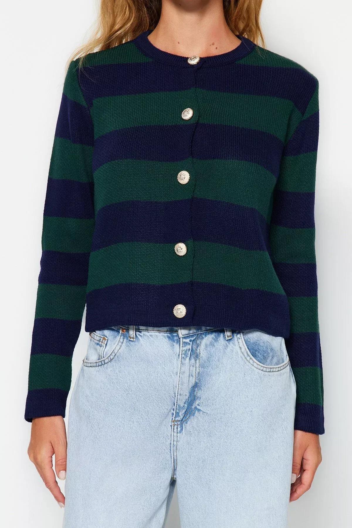 Navy Striped Cardigan, Navy blue, large image number 3