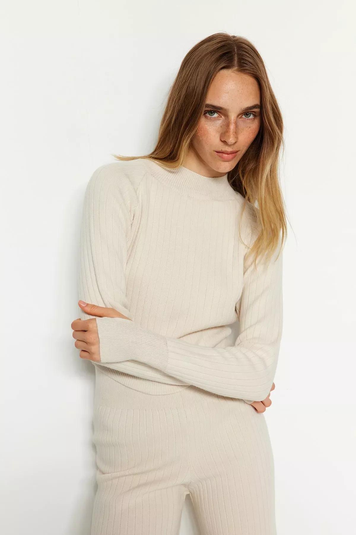 Beige Crop Knitwear Co-Ord Set, STONE, medium