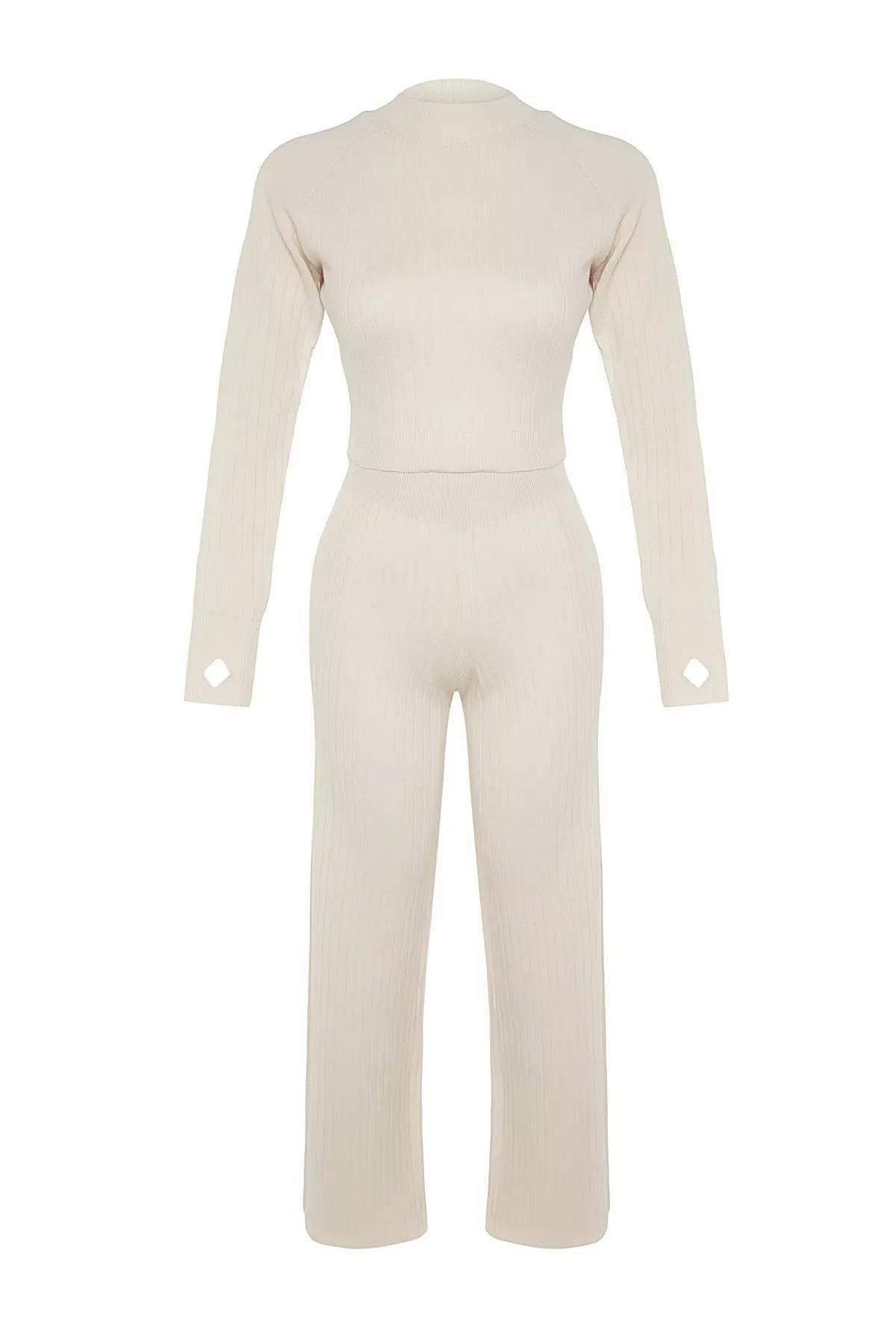 Beige Crop Knitwear Co-Ord Set, STONE, large image number 5