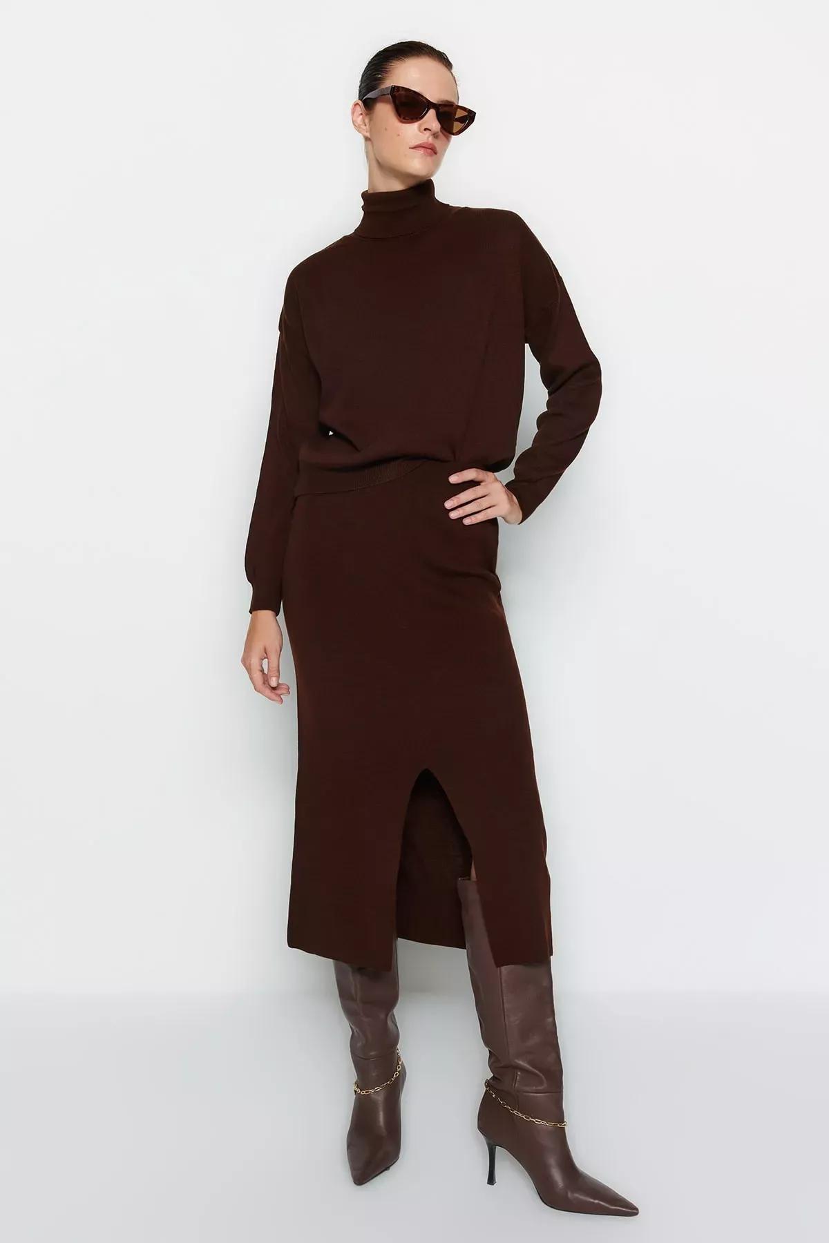 Brown Turtleneck Knitted Co-Ord Ser, Brown, large image number 1