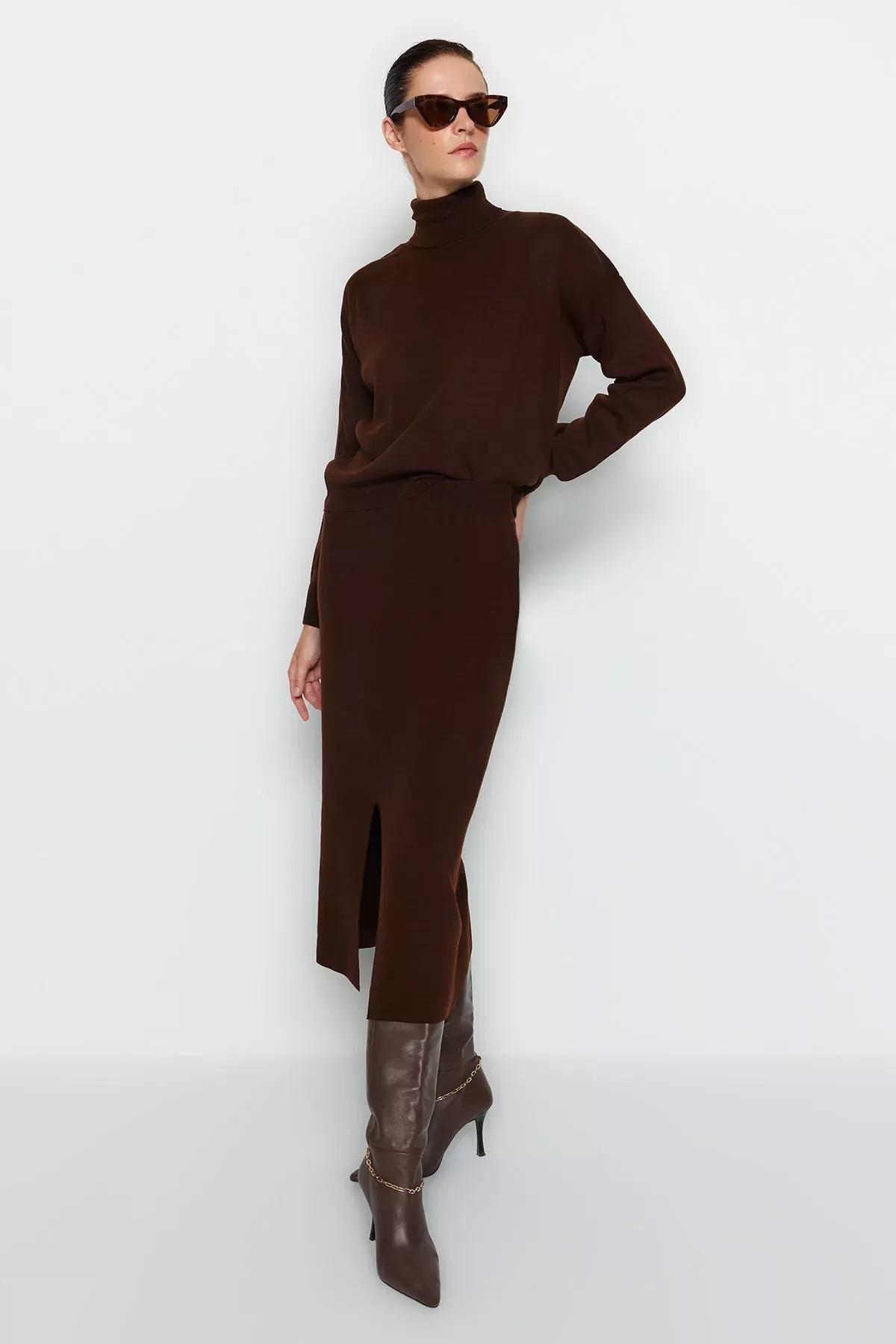 Brown Turtleneck Knitted Co-Ord Ser, Brown, medium