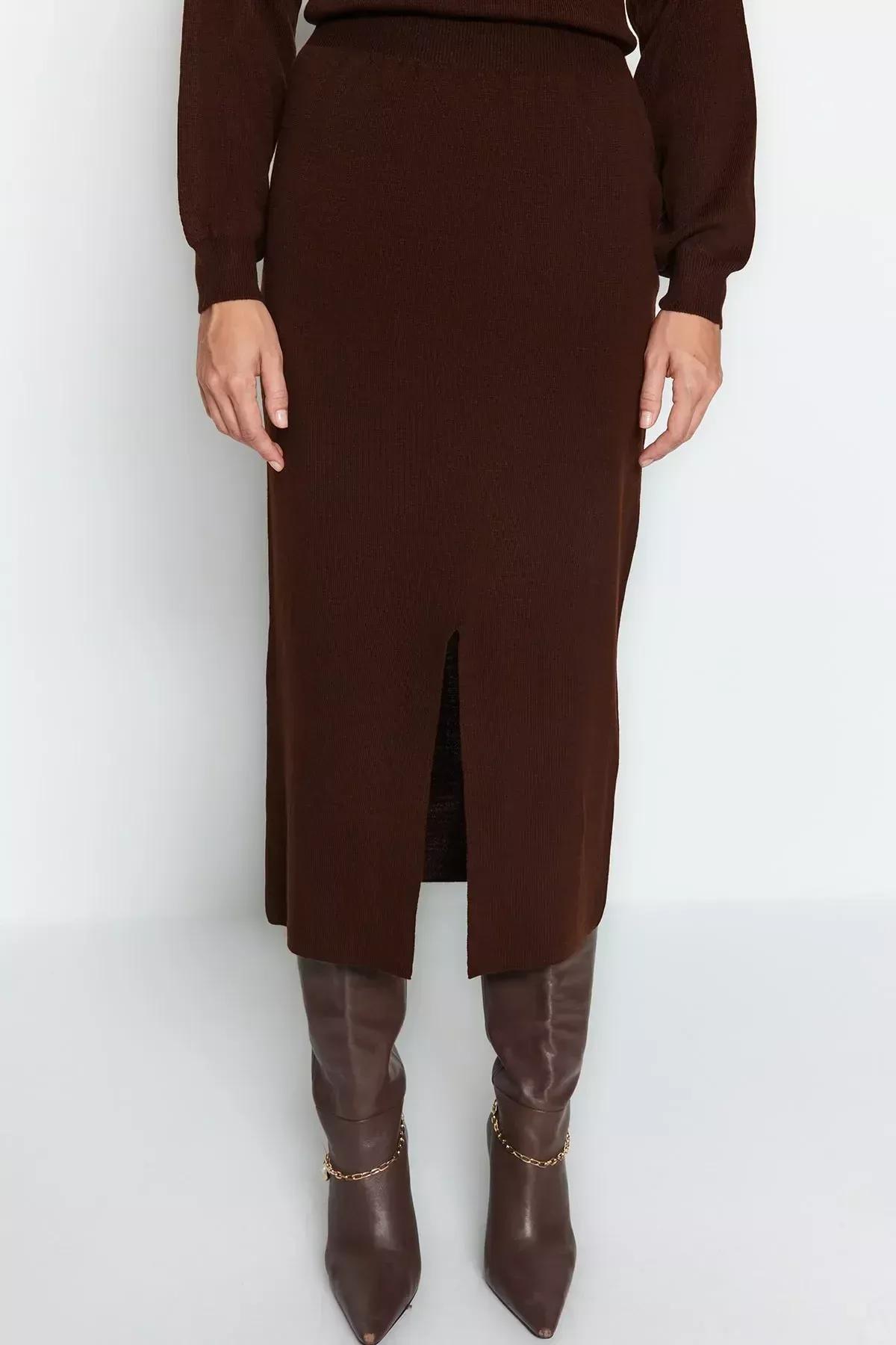 Brown Turtleneck Knitted Co-Ord Ser, Brown, large image number 5
