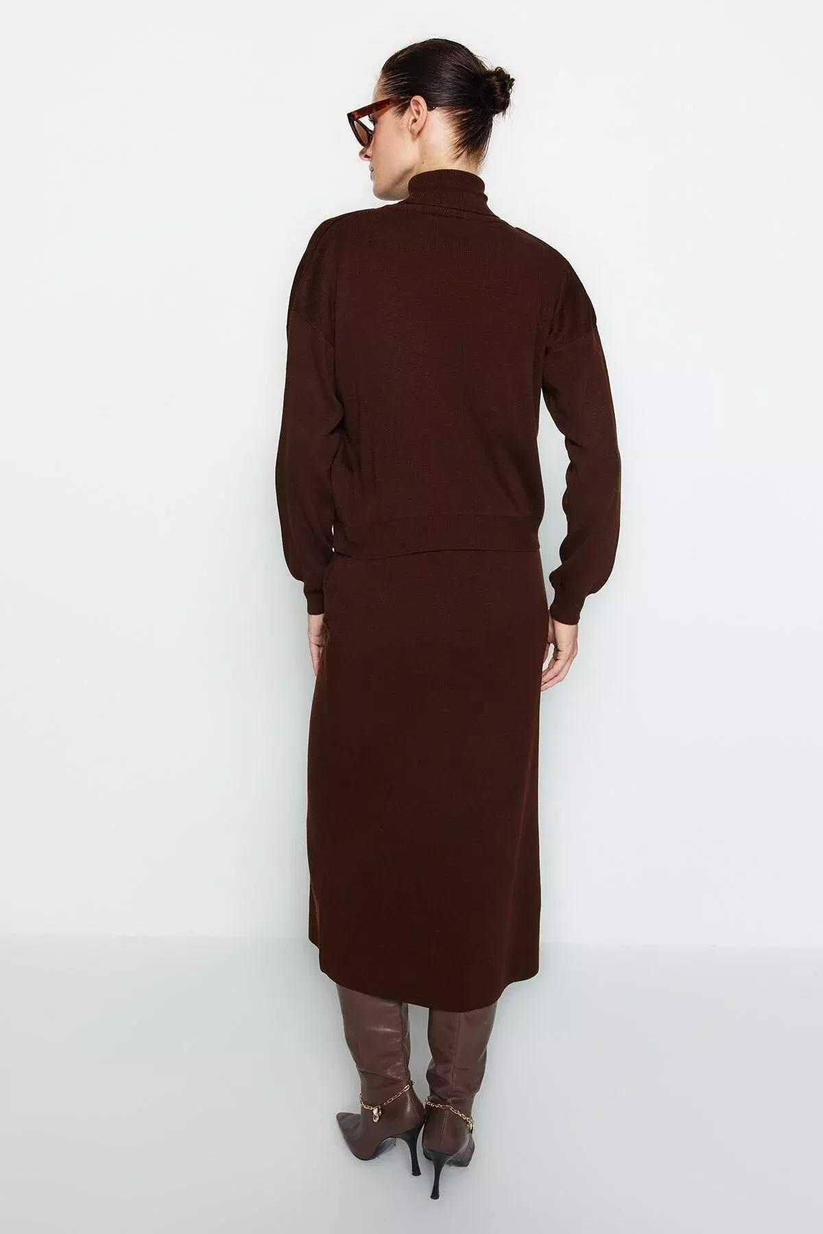 Brown Turtleneck Knitted Co-Ord Ser, Brown, large image number 7