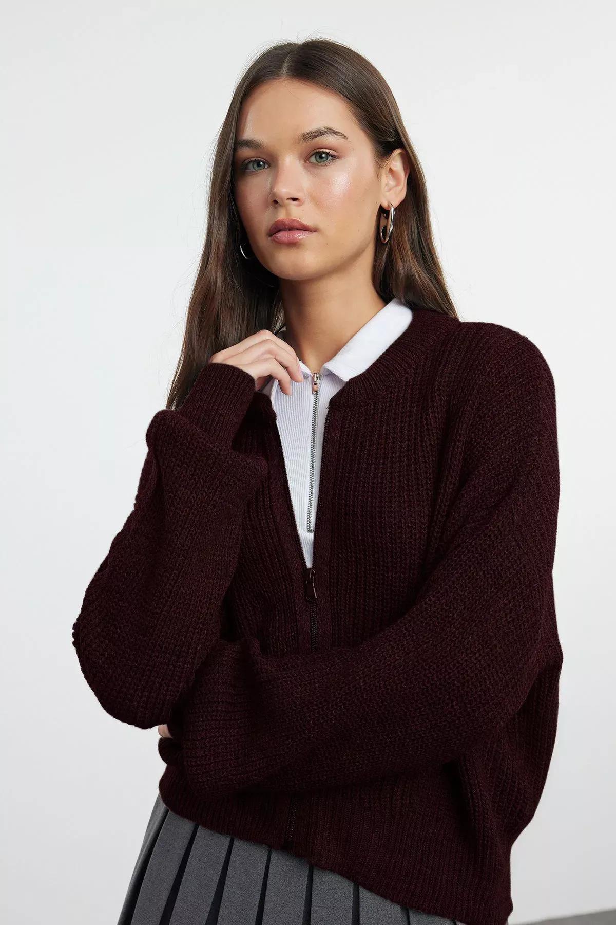 Brown Bomber Collar Knit Cardigan, , large image number 0