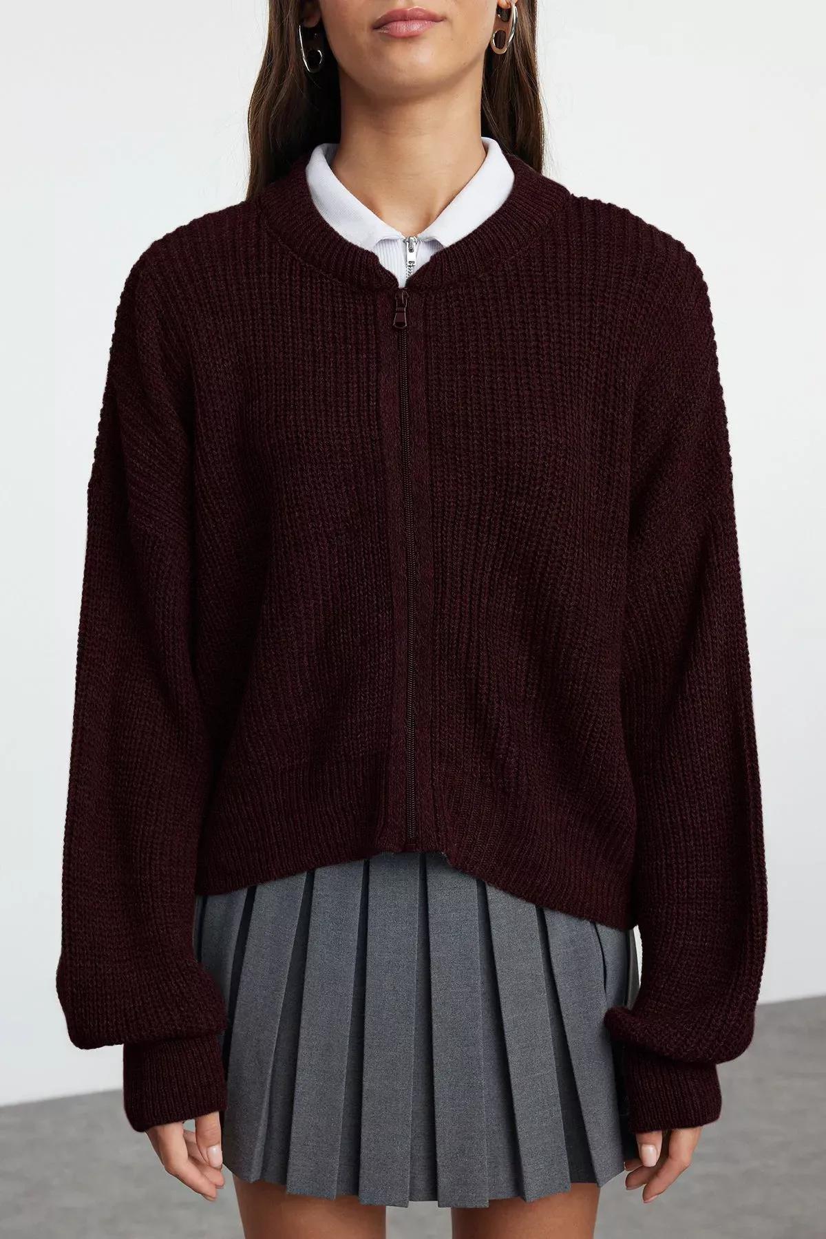 Brown Bomber Collar Knit Cardigan, , large image number 2