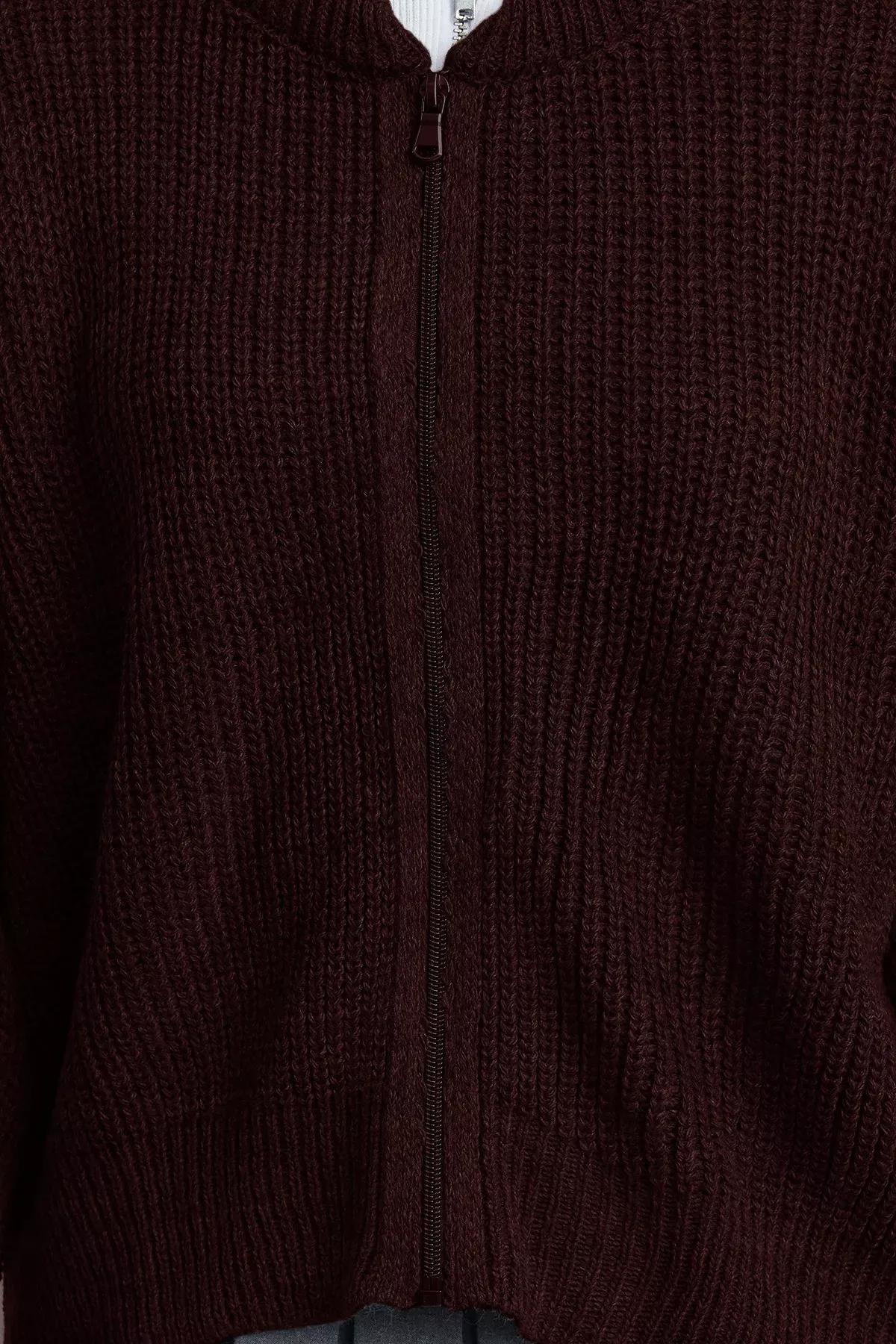 Brown Bomber Collar Knit Cardigan, , large image number 3