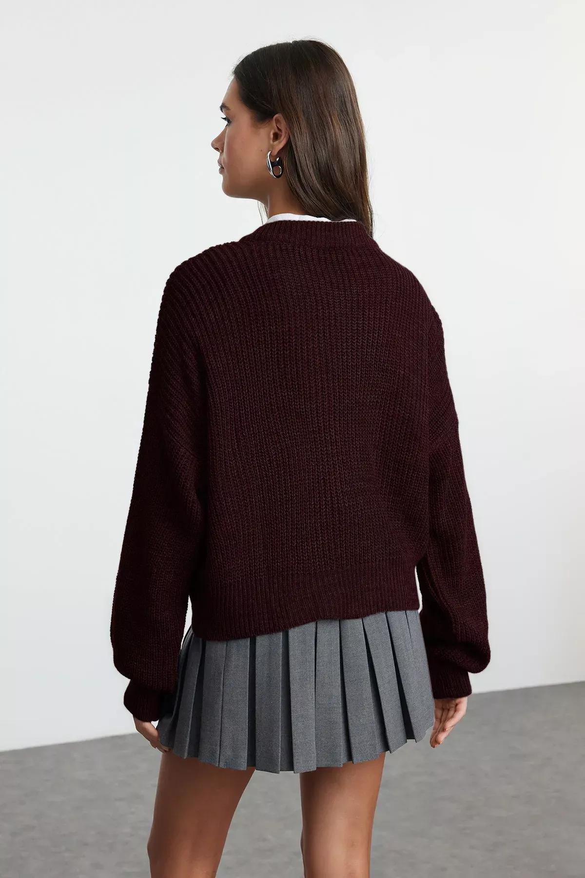 Brown Bomber Collar Knit Cardigan, , large image number 4