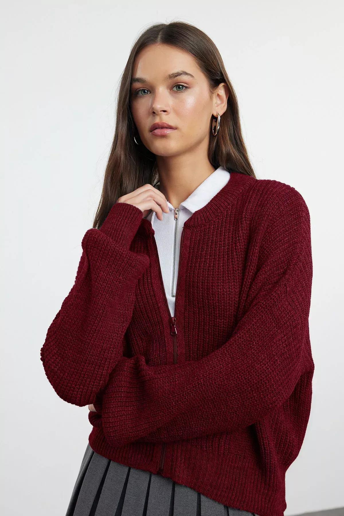 Red Pattern Collared Zippered Cardigan, Burgundy, medium